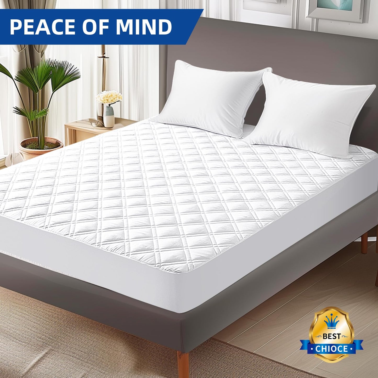 MEELUS Padded Full Mattress Protector, Breathable Waterproof Mattress Pad Cover Fitted Deep Pocket 8"-21", Soft Noiseless Mattress Cover Washable Cooling for Home Hotel Bedroom, White