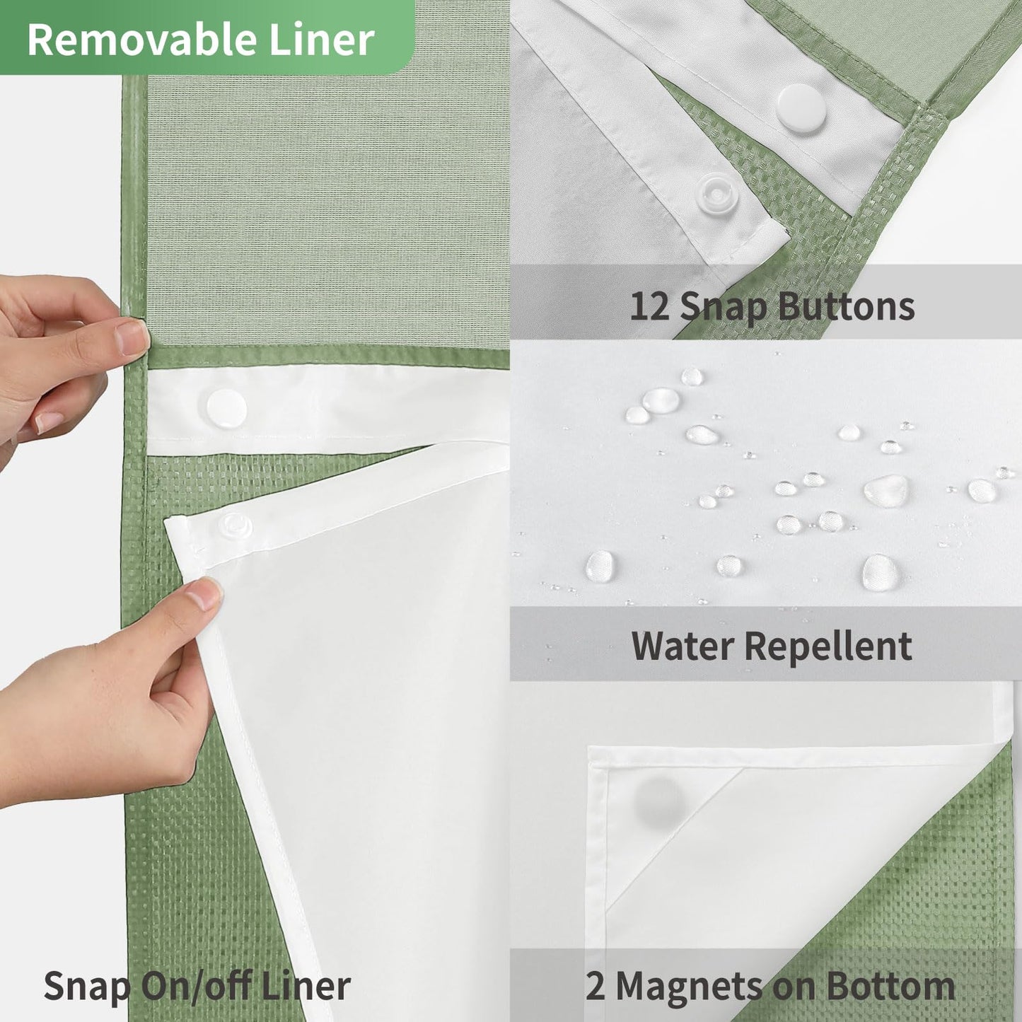 eachope Extra Long No Hook Shower Curtain with Snap-in Fabric Liner Set, Waffle Weave Shower Curtains for Bathroom,Hotel Luxury Decor Bathroom Curtain Set,Waterproof & Washable,71Wx86H,Sage Green