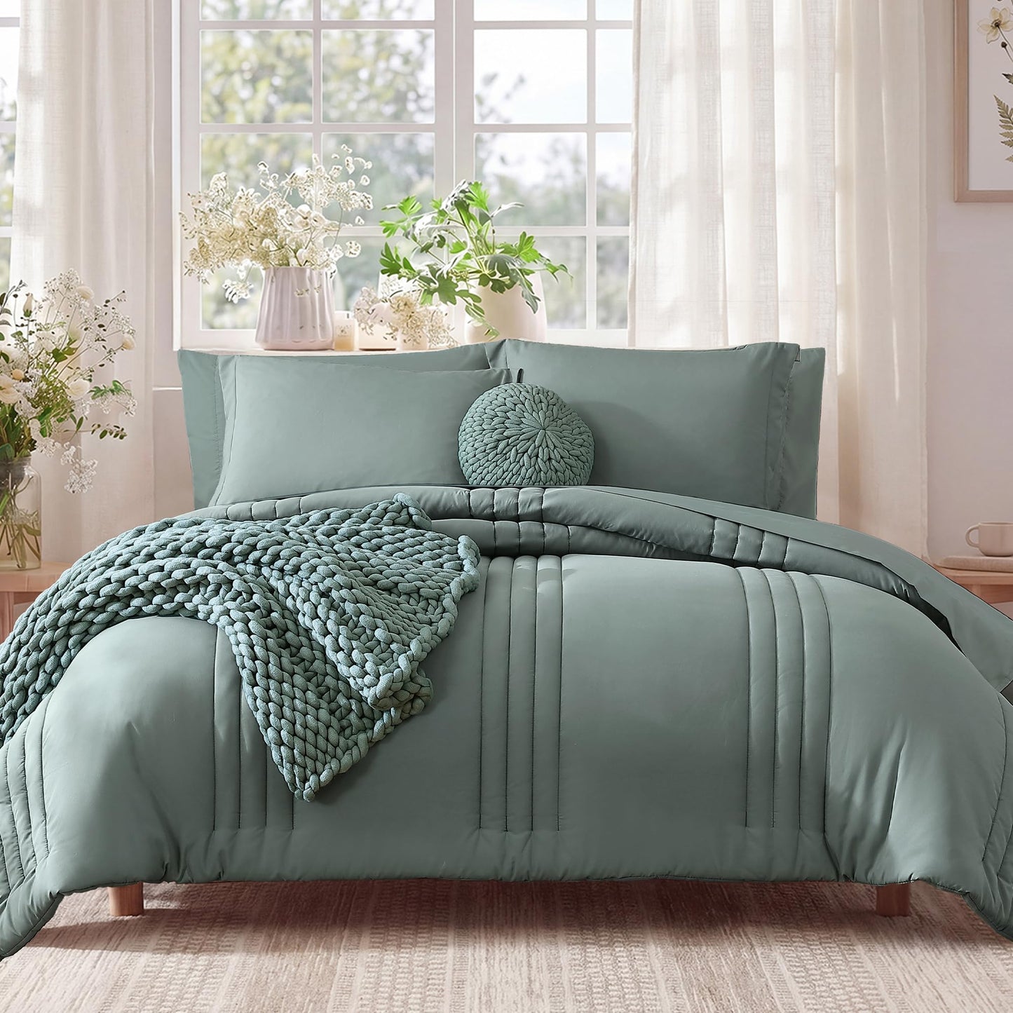 Monbix Queen Comforter Set - 7 Pieces Sage Green Bed in a Bag Queen Bedding Sets with Comforters, All Seasons Comforter Bed Set with Sheets,Pillowcases & Shams