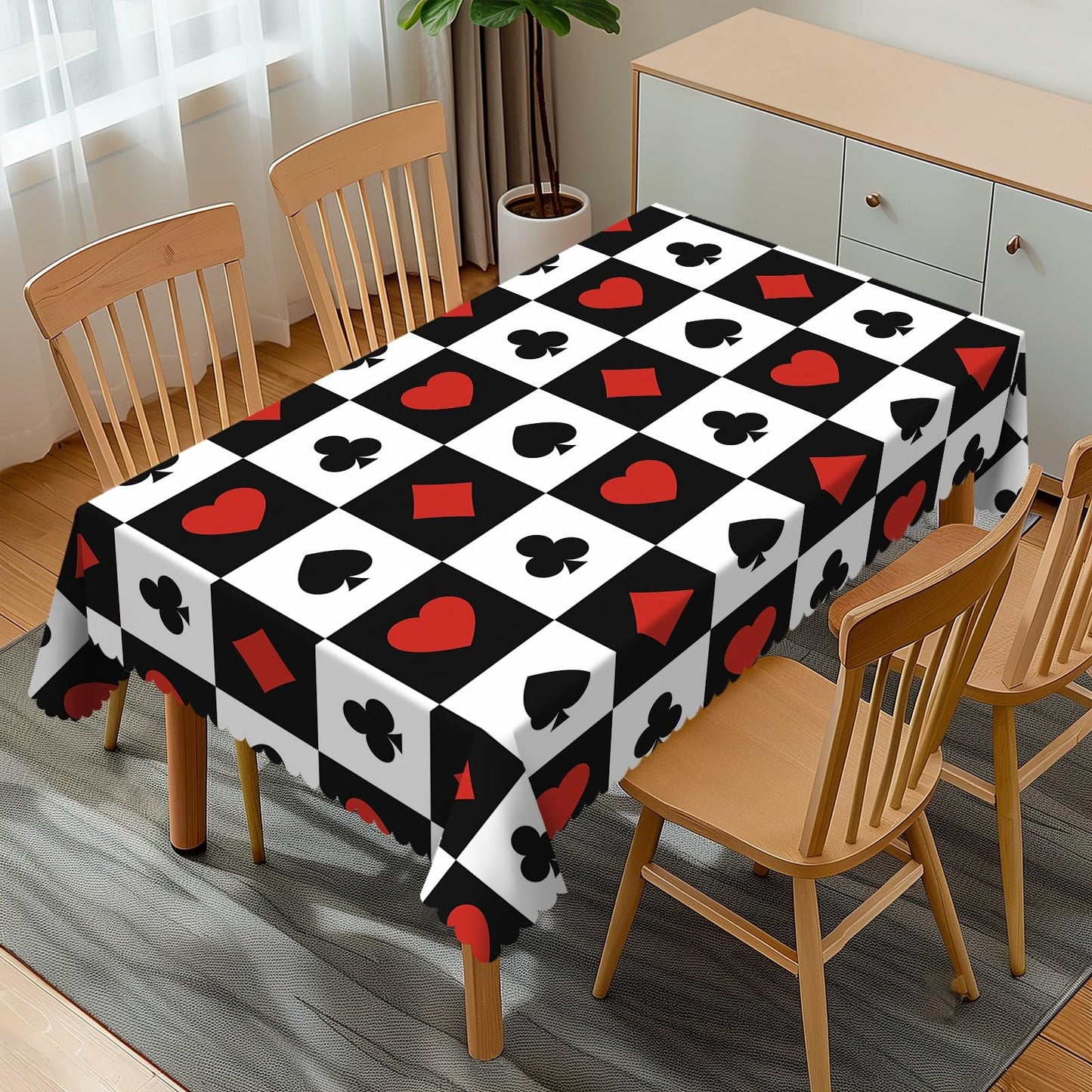 GOUROISE Playing Cards Rectangular Tablecloth, Card Pattern 54x72 Inch Wavy Lace Border Polyester Table Cloth for Dining, Kitchen, Parties