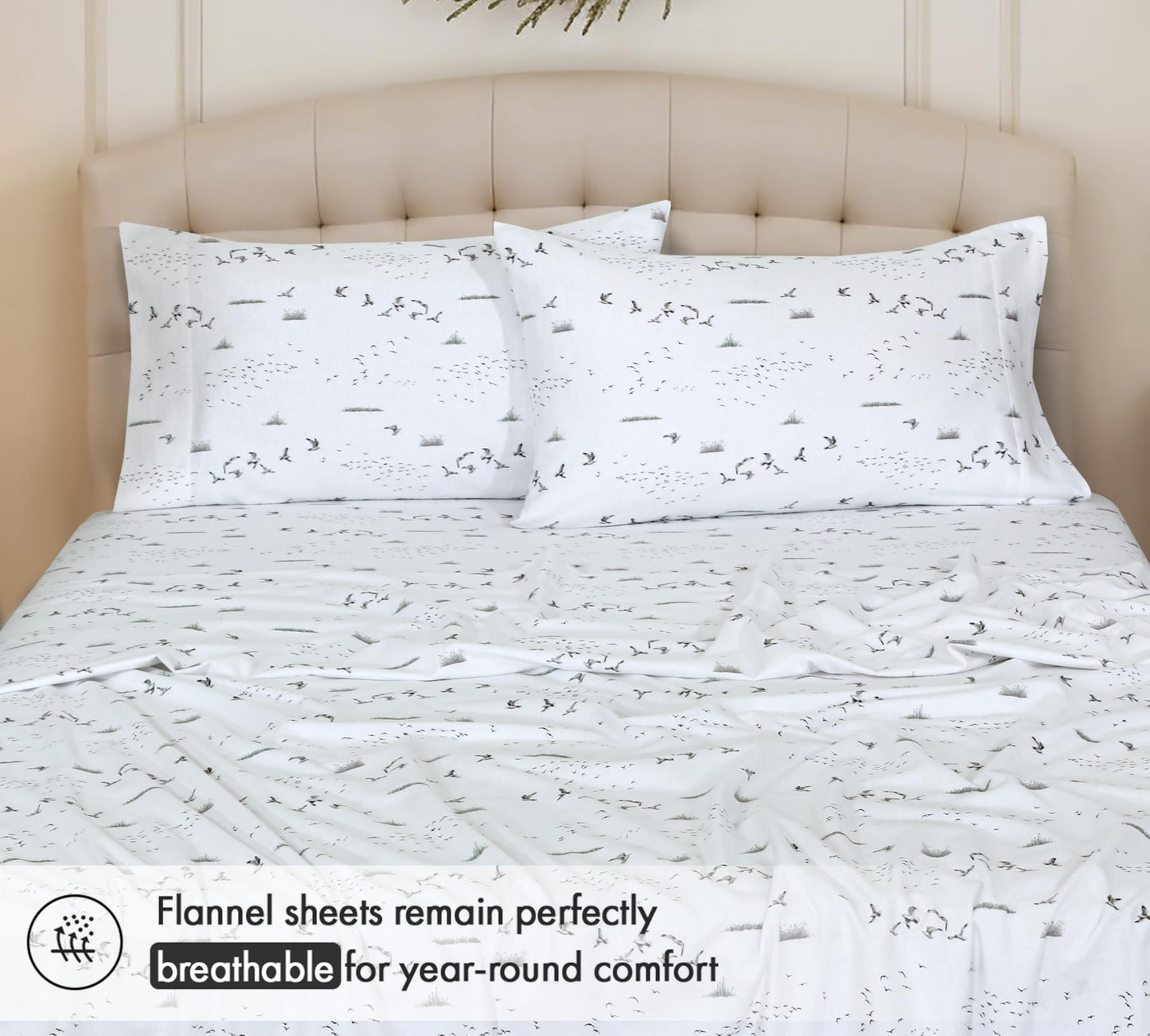 RUVANTI Flannel Sheets Queen Size - 100% Cotton Double Brushed Bed Sheets, Deep Pockets 16 Inches Queen Sheet Set, All Seasons Breathable & Extra Soft - Warm & Cozy, 4 Piece, Sky Ballet