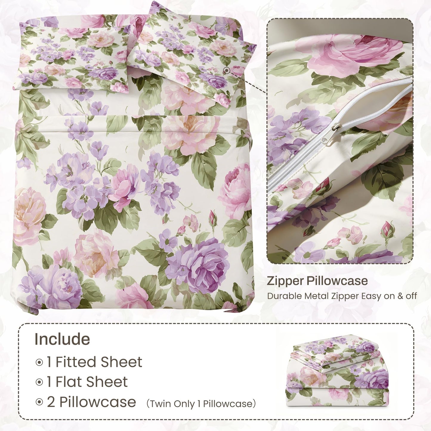 Purple Peony King Sheet Set 4 Pcs Watercolor Flowers Bed Sheets