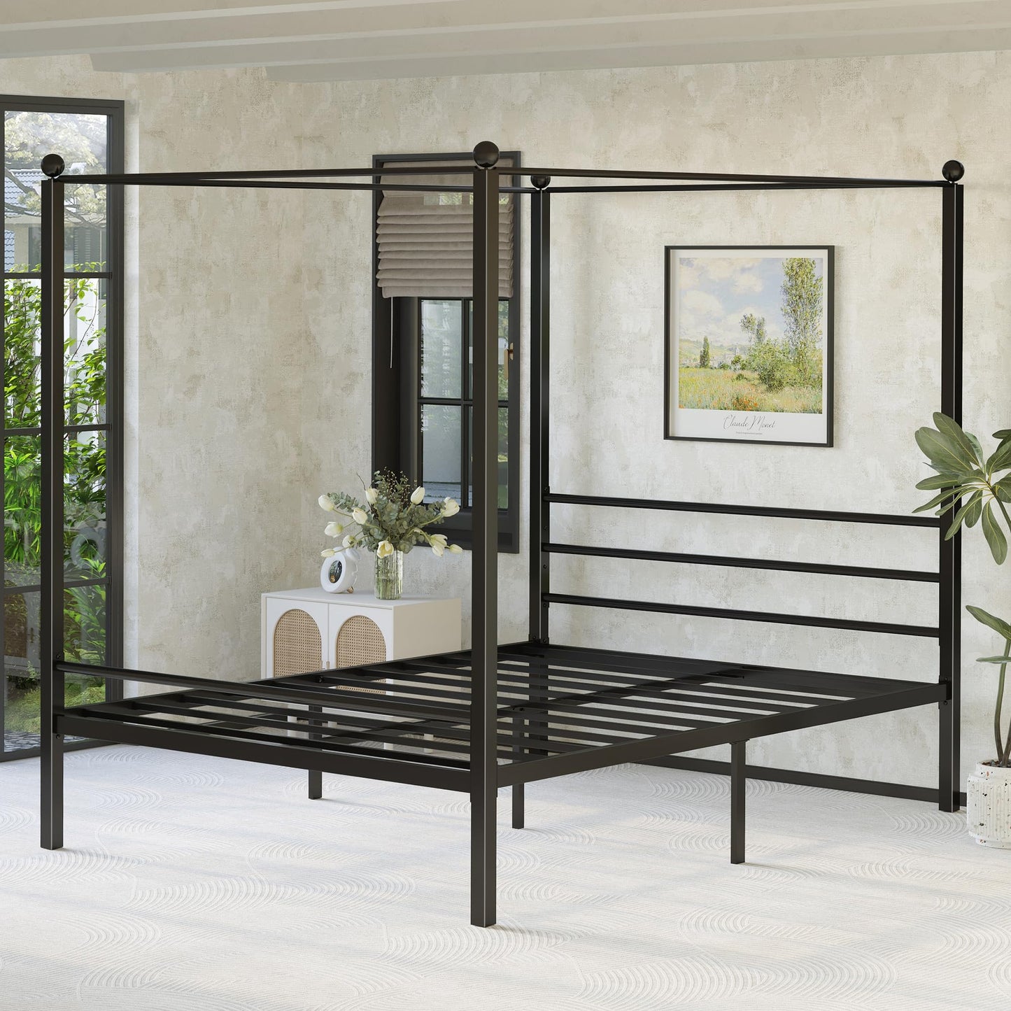 Lutown-Teen King Size Canopy Bed Frame, Four Poster Metal Canopy King Size Bed Frame, Heavy Duty Mattress Foundation with Underbed Storage, No Box Spring Needed, Easy Assembly, Black