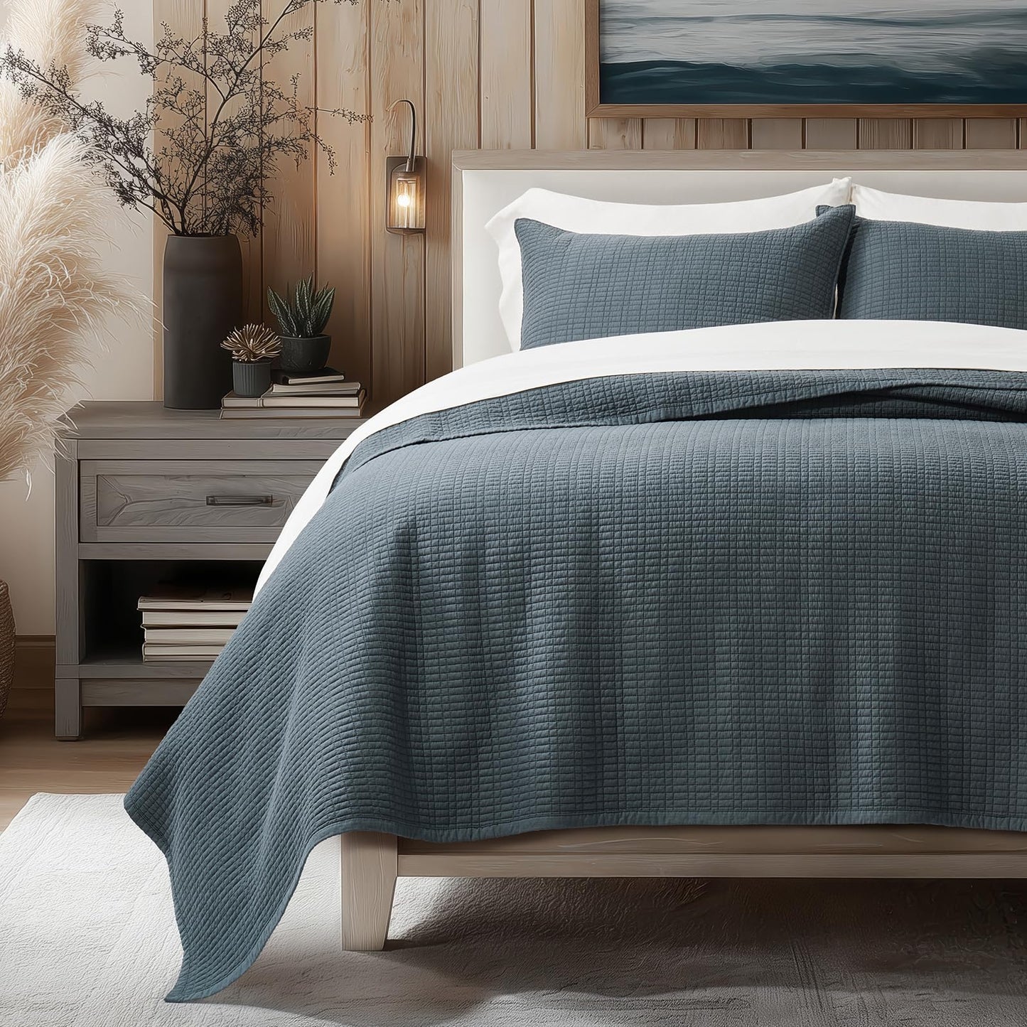 EverGrace 100% Cotton Quilt King Size, Pre-Washed Modern Grid Stitch Lightweight Bedspread Coverlet for All Season, Oversized 3-Piece Bedding Set with 2 Pillow Shams, Midnight Blue