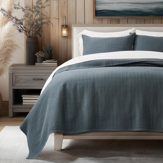EverGrace 100% Cotton Quilt King Size, Pre-Washed Modern Grid Stitch Lightweight Bedspread Coverlet for All Season, Oversized 3-Piece Bedding Set with 2 Pillow Shams, Midnight Blue