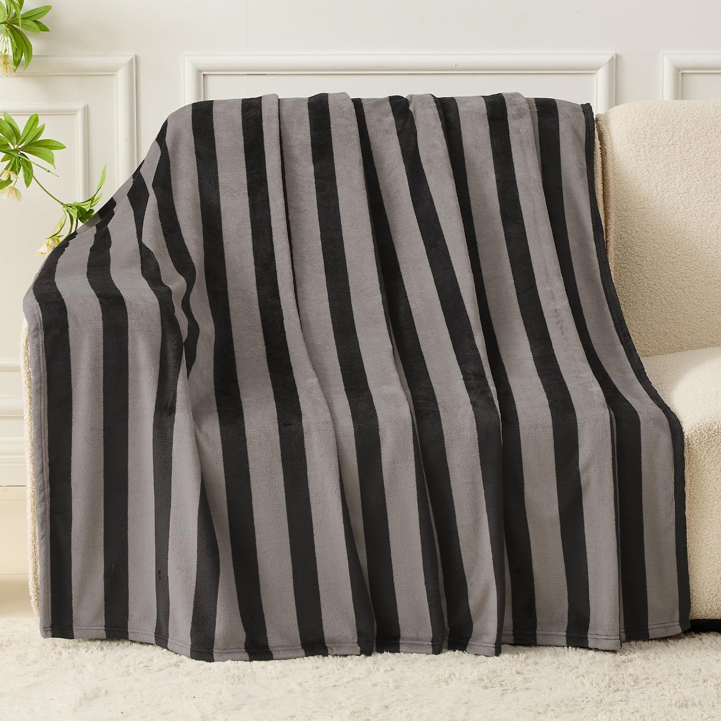 FY FIBER HOUSE Striped Flannel Throw Blanket - Soft Cozy Striped Blanket for Couch, Sofa, or Bed - 50"x60", Black Grey, All Season Use