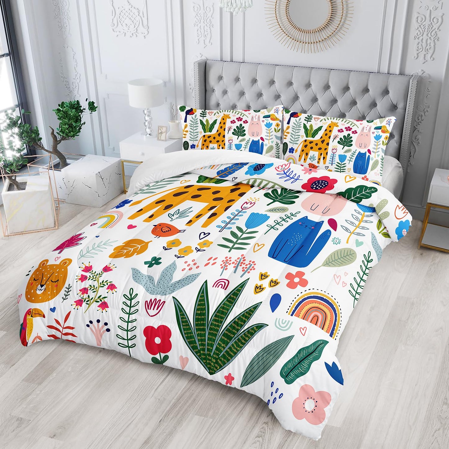 XYNHML Kids Cute Cat Comforter Set Twin Size 3Pcs Cartoon Pet Rainbow Giraffe Fishing Bedding Set Lovely Animal Parrot Flower Quilt Bed Set for Children Girls Boys Room Decor