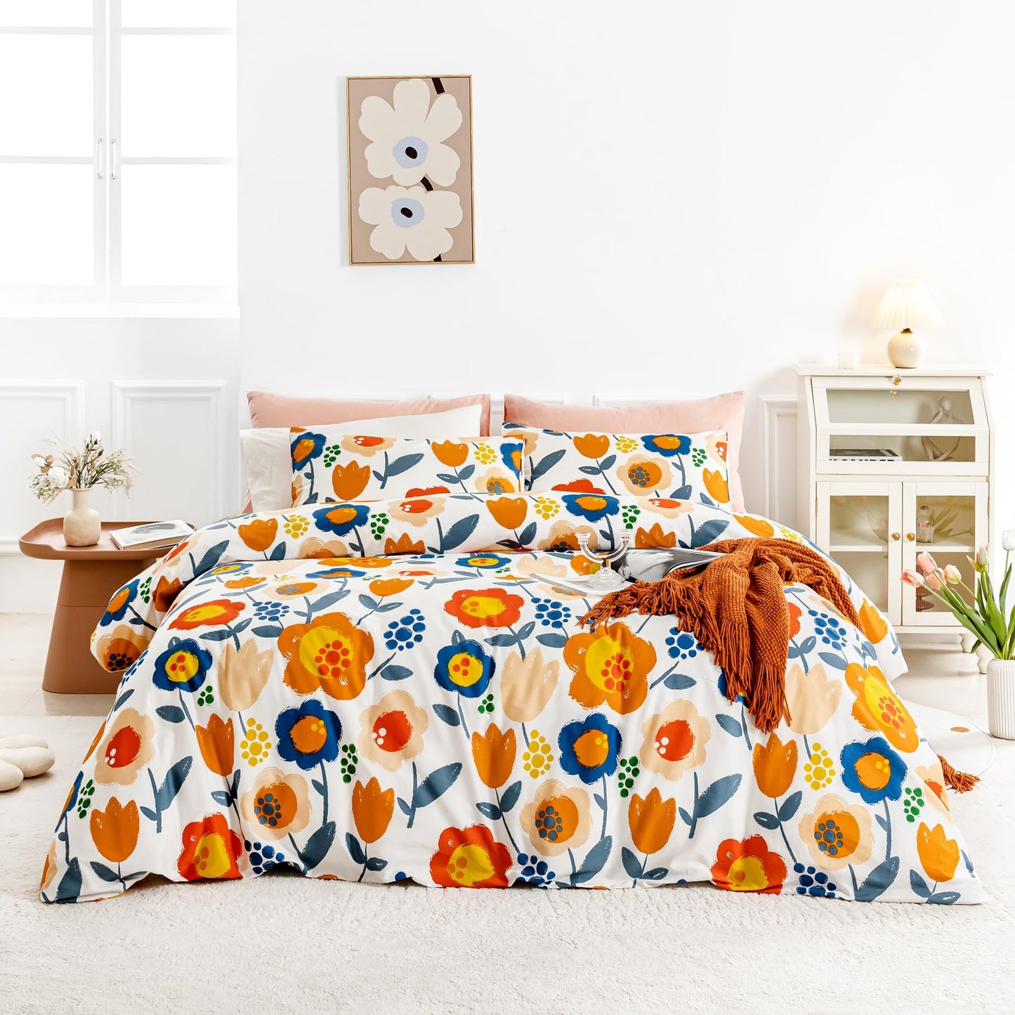 SUSYBAO Colorful Flower Duvet Cover Queen 100% Cotton 3 Pcs Set 1 Graffiti Cute Floral Duvet Cover with Zipper Ties 2 Pillowcases Kawaii Blue Orange Botanical Print Bedding Set Soft