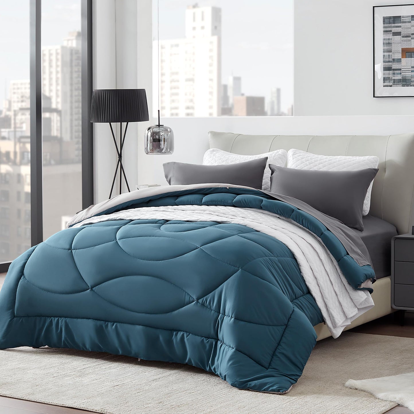 SLEEP ZONE Comforter Duvet Insert, Queen Size Quilted Reversible Comforters, Soft All Season Duvet, Down Alternative Breathable Bedding with 8 tabs, 2 Sides Teal Gray 88 x 88 Inches