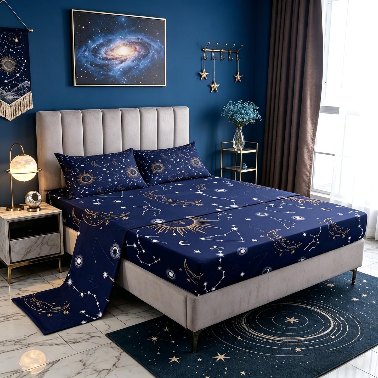 Castle Fairy Golden Sun Moon Fitted Sheet Set Full Size 4 Pcs,Stars Planets Bedding Set(1 Fitted,1 Flat,2 Pillowcases),Navy Blue Universe Luxury Deep Pocket Bed Sheets for Girls Teesn Room
