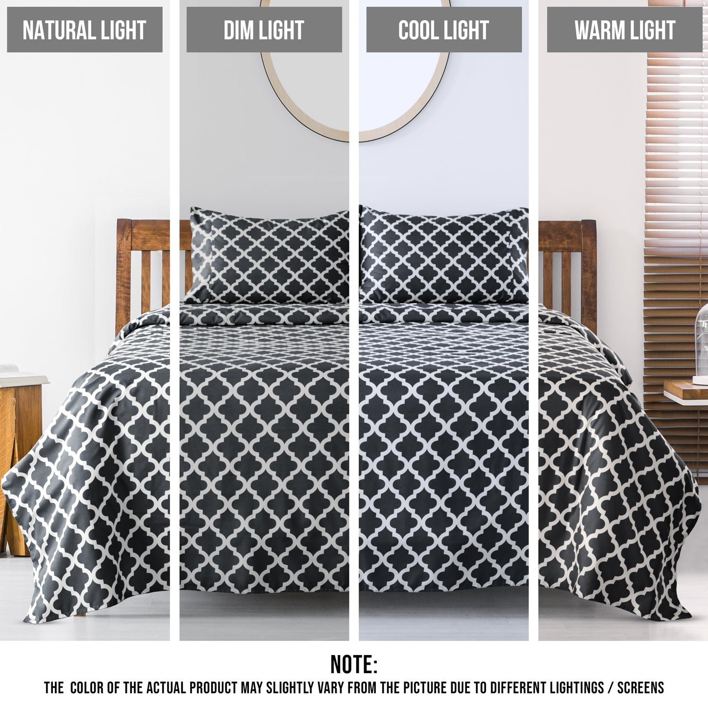 LUX Décor Quatrefoil Twin Sheet Set - 3 Piece Ultra-Soft Microfiber Bed Sheets with Flat Sheet, 16 Inches Deep Pocket Fitted Sheet & Pillowcases, Breathable, Bedroom Decor, Oeko- - Black