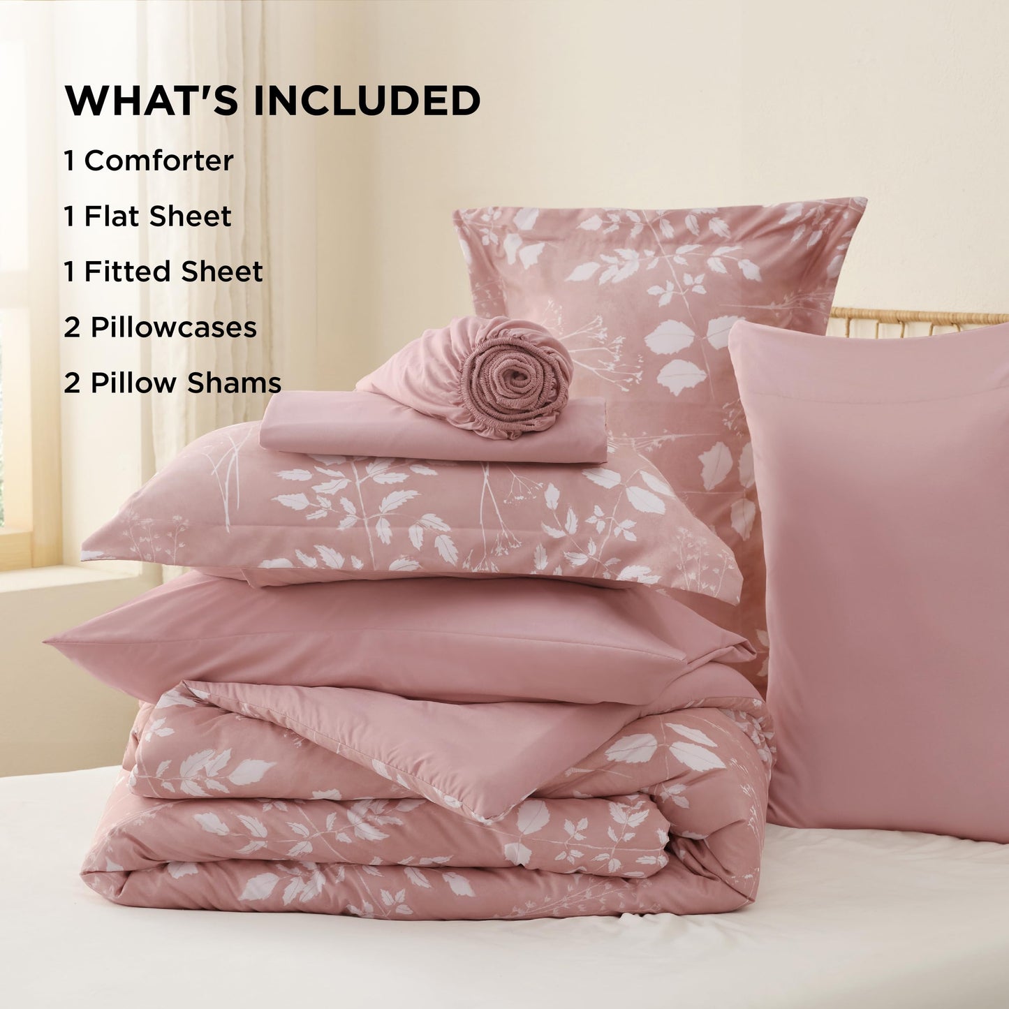 Bedsure Rose Pink Queen Comforter Set - 7 Pieces Floral Bedding Sets Queen Bed in a Bag with Reversible Botanical Flowers Comforter, Sheets, Pillowcases & Shams