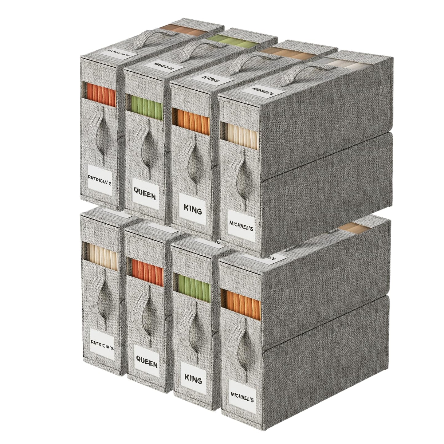 ActCosy 8Pack Sheet Organizers and Storage with Handles – Foldable Linen Closet Storage for King & Queen Sheet Sets – Clear Window & Removable Labels – Dustproof & Space-Saving Design, 8Pack, Grey