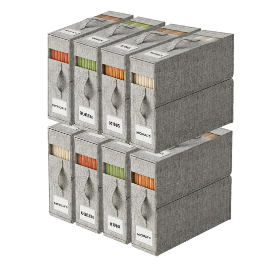 ActCosy 8Pack Sheet Organizers and Storage with Handles – Foldable Linen Closet Storage for King & Queen Sheet Sets – Clear Window & Removable Labels – Dustproof & Space-Saving Design, 8Pack, Grey