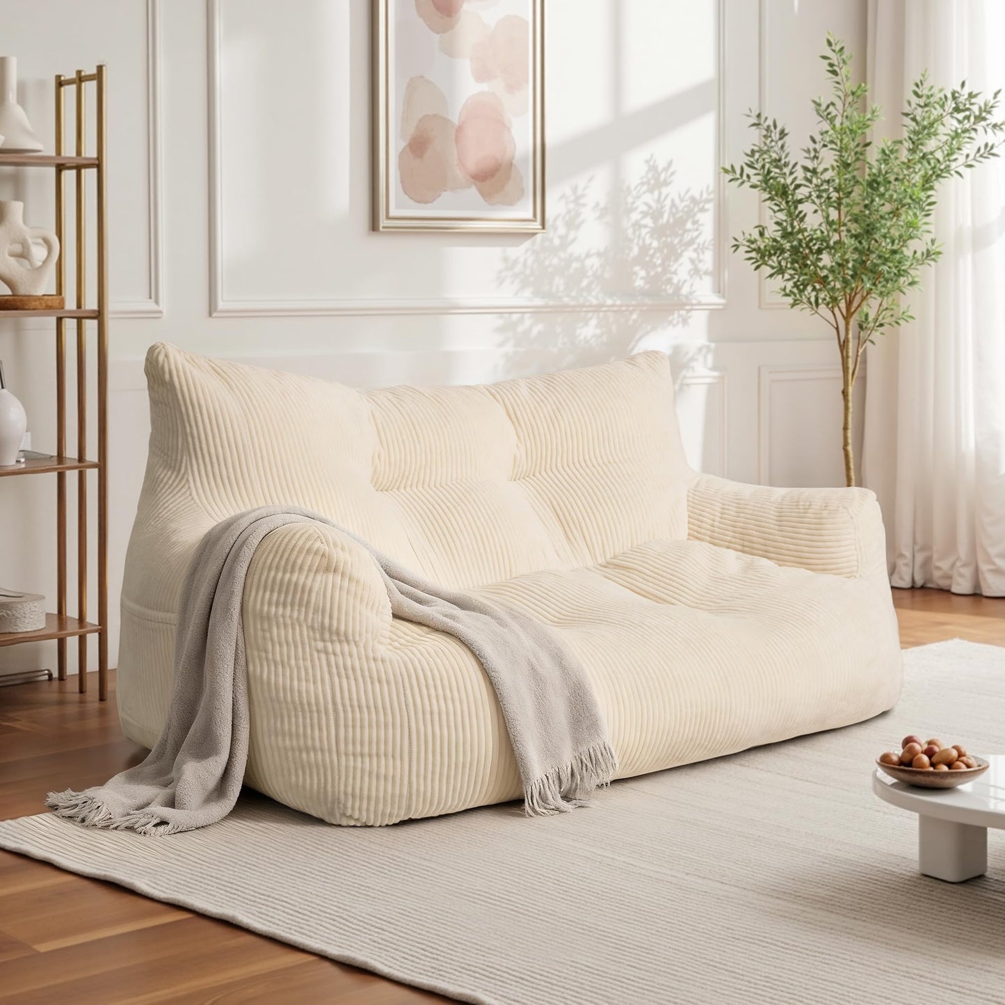 Fkhouse 59" Bean Bag Chair,2 Seat Loveseat Sofa,Corduroy Lazy Sofa Bed for Adults,Fit Living Room, Bedroom,Outdoor Spaces,Ultra Soft Dutch Velvet,Fluffy Comfort Cover,White