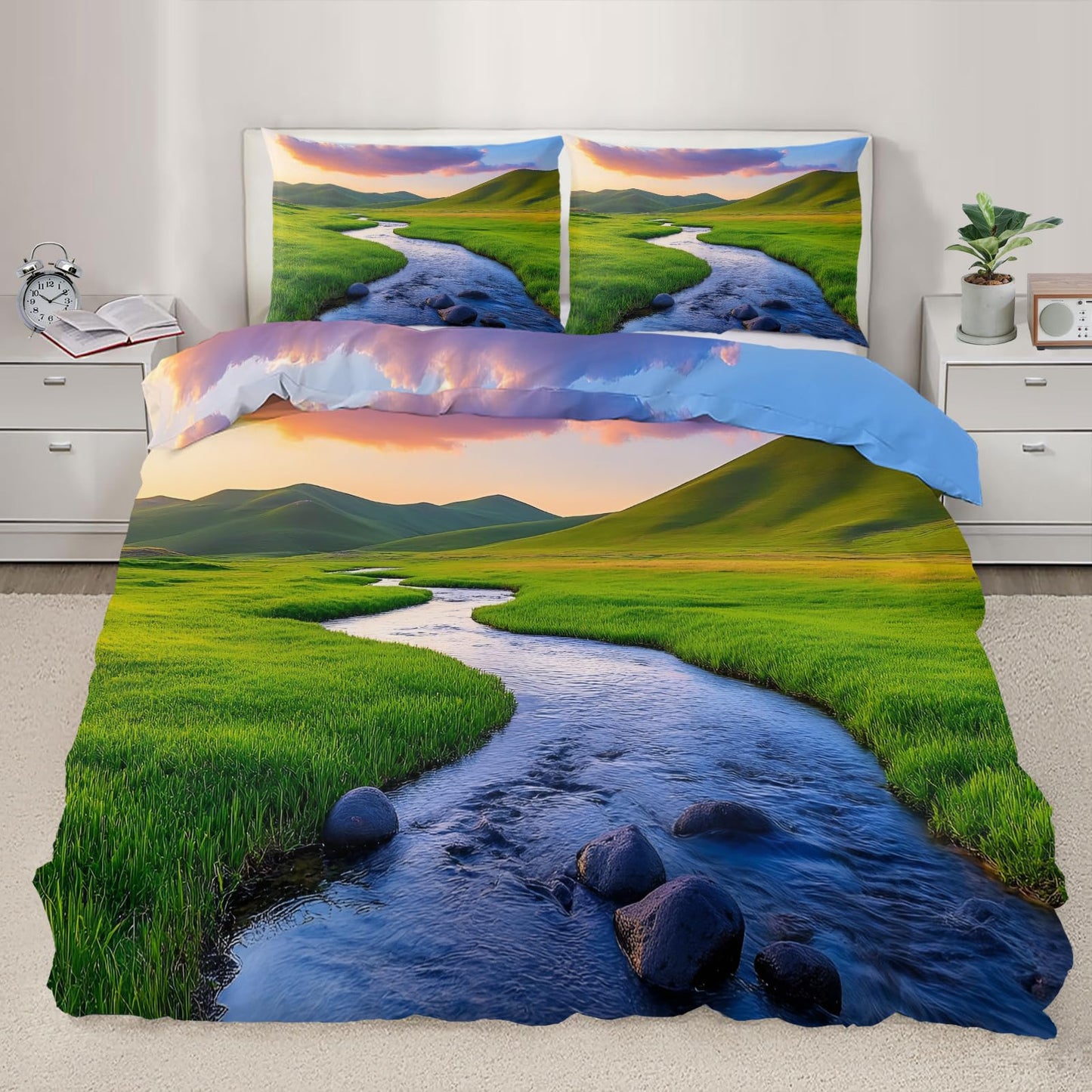 Grassland Comforter Cover 80" x 90", Green Prairie Bedding Full Size, Spring Landscape Duvet Cover with 2 Pillowcases