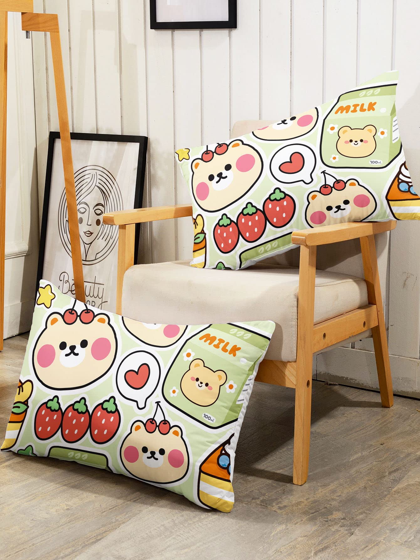 Datura home Kawaii Sheet Set 4Pcs Fitted and Flat Girls Strawberry Bear Printed with 1 + 2 Pillowcases(Kawaii Full), Full 81x97 inches