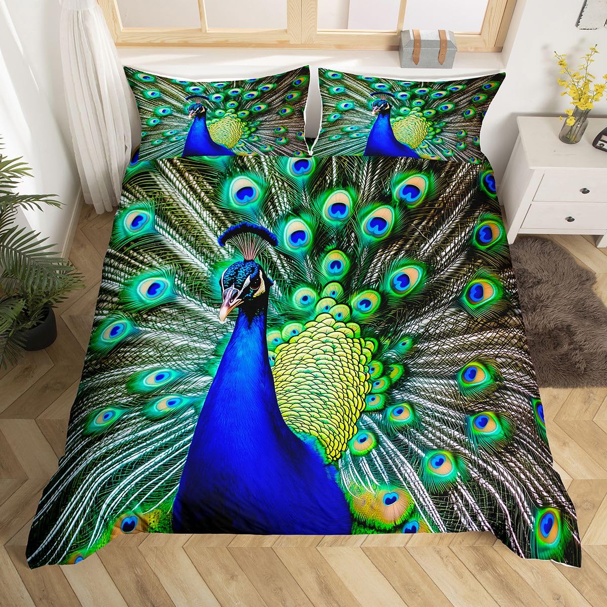 Peacock Duvet Cover King Size Green Cute Animal Pattern Bedding Set Peacock Feather Printed Decor Comforter Cover Set with Zipper Ties Adult Women Soft Quilt Set,1 Duvet Cover with 2 Pillow Cases