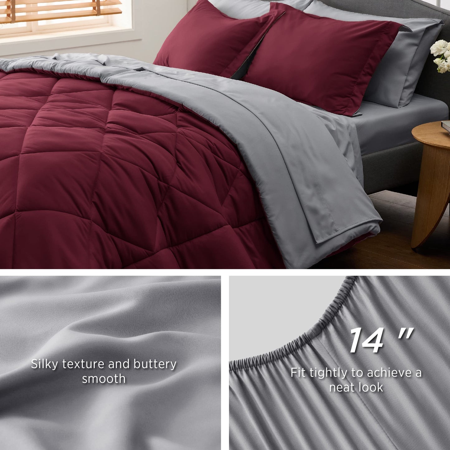 Bedsure Twin XL Comforter - 5 Pieces Reversible Burgundy Bed in a Bag, Twin XL Bedding Comforter Set College Dorm Essentials with 1 Flat Sheet, 1 Fitted Sheet, 1 Pillowcase and 1 Pillow Sham