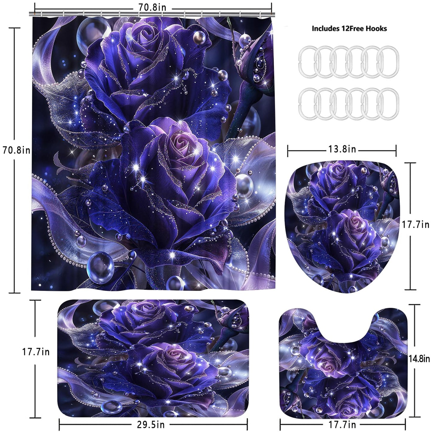 Yddsky 4 PCS Purple Rose Shower Curtain Sets,Black Bathroom Set with Modern Bathroom Curtains Shower Set with Toilet Lid Cover for Women Bathroom Decor Accessories