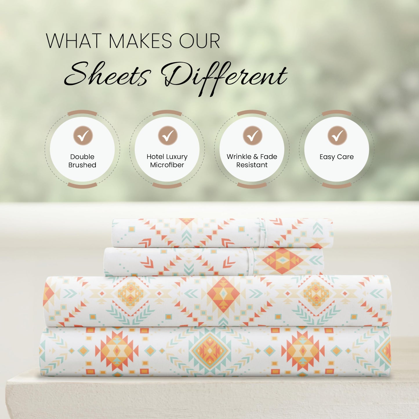 Linen Market Patterned Microfiber King Sheet Set 4 Piece – Oeko-TEX Certified Ultra Soft & Wrinkle-Free - 16" Deep Pocket Sheets - Easy Care King Size - Aztec Dreams Coral