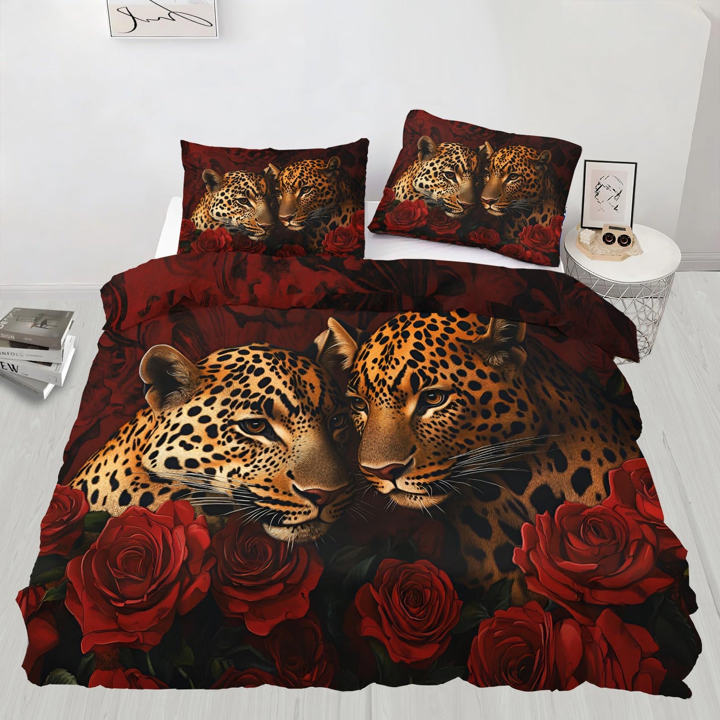 PAISUOQ Leopard Duvet Cover Full, Romantic Roses Bedding, Cheetahs Comforter Cover with 2 Pillow Cases, 3 Pieces with Zipper & Ties, Bedroom Decor & Gifts