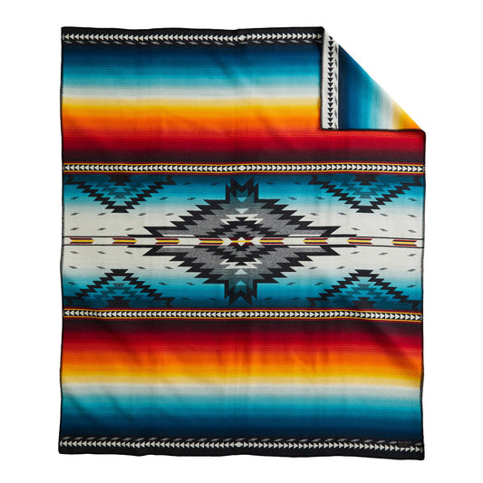 Pendleton Jacquard Unnapped Twin Blanket 64" x 80" - Heirloom Quality Virgin Wool, Reversible, Reinforced Ultrasuede Binding, Made in USA - Saltillo Sunset