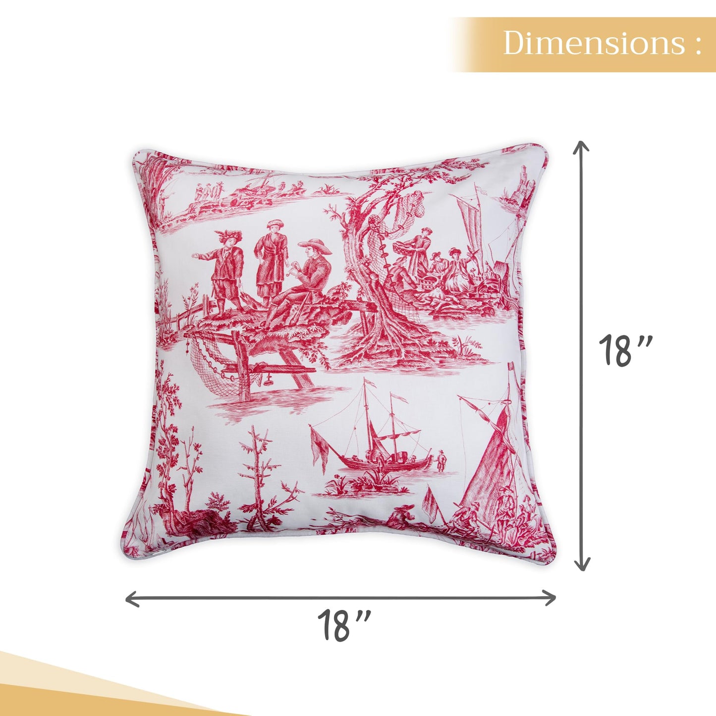 Maison d' Hermine Decorative Pillow Covers 18 x 18 inch Square 100% Cotton Toile Throw Pillow Covers with Invisible Zipper for Couch Chair Sofas Spring Summer (Calais - Red (White Base))