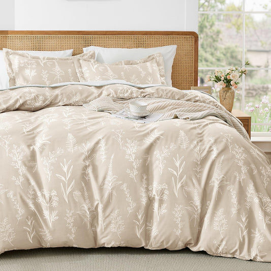 MUXHOMO Duvet Cover Queen Size, Reversible Floral Beige Duvet Cover Set with Zipper Closure, 3 Pieces Botanical Patterns Soft Microfiber Bedding Set with 4 Ties (90"x90", 2 Pillow Cases)