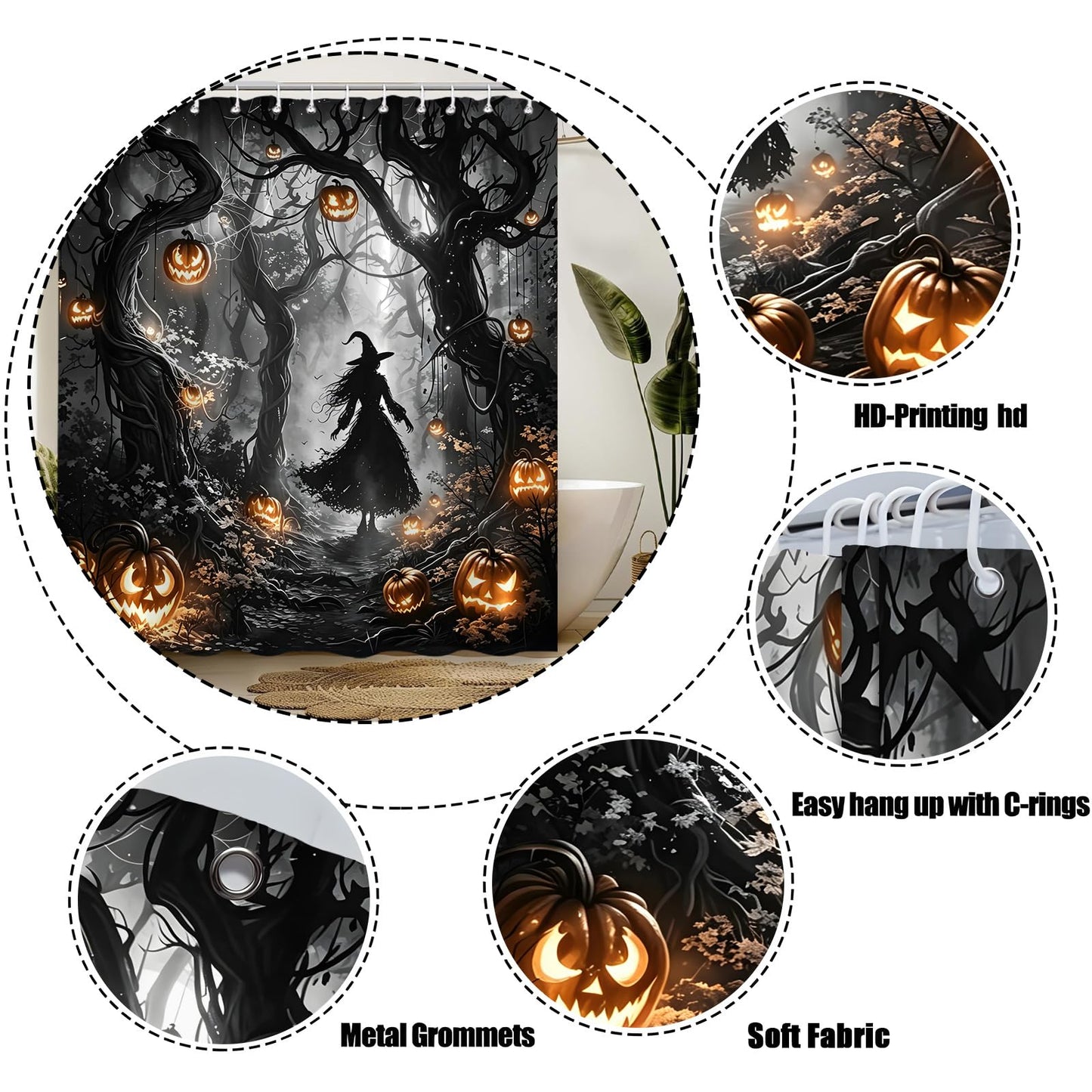 DSMEUE Halloween Witch Shower Curtain,Spooky Haunted Forest with Pumpkin Decor for Bathroom,Dark Gothic Black Orange Fabric Curtain with Hooks,70x70 Inch