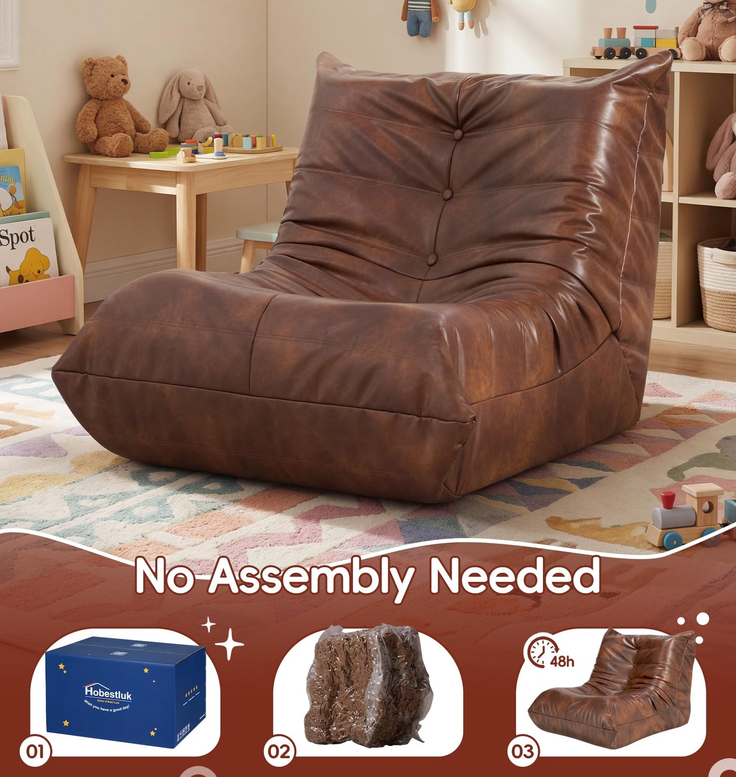 Hobestluk Bean Bag Chair for Kids Toddler Bean Bag Chair with Memory Foam Filler Leather Beanbag with Spacious Design Bean Bag Couch for Reading Gaming Relaxing (Brown, Small)