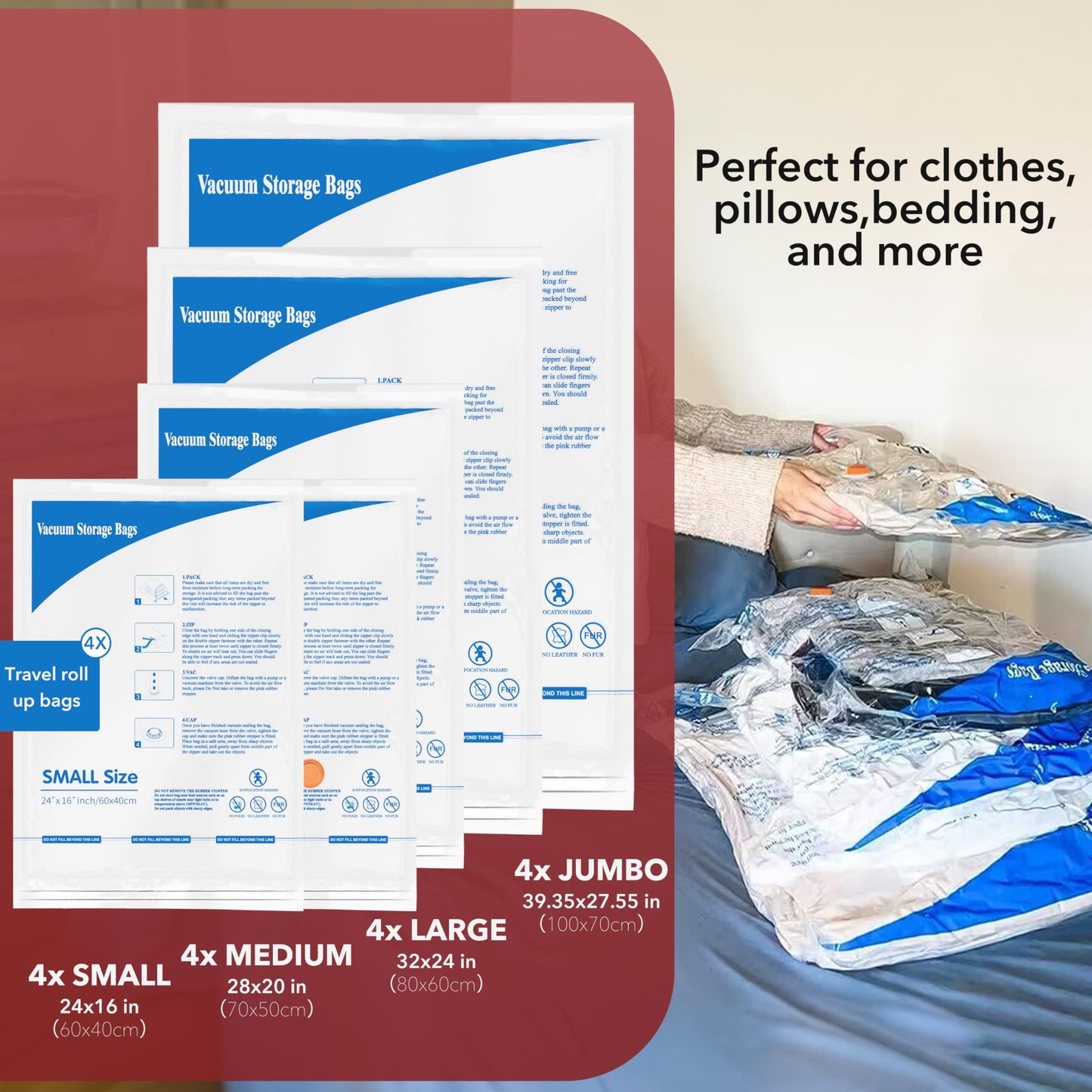 MEIQIHOME Vacuum Storage Bags, Space Saver Sealer Bags,Vacuum seal bags for clothing, Pillows, Comforters, Blankets, Bedding,Travel,20 COMBO
