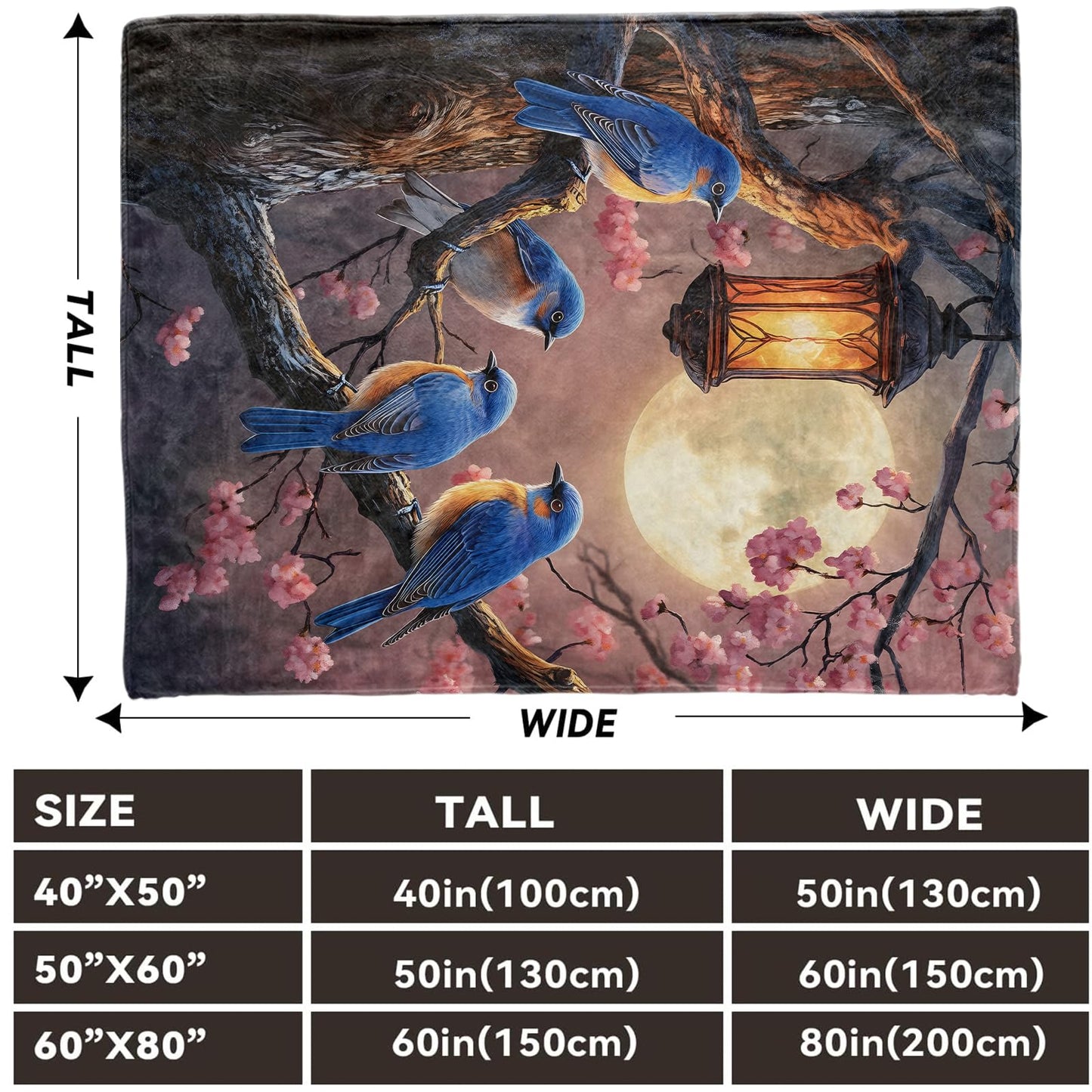 Lugiu Charming Bird Blanket, Lightweight Comfy Blue Birds Under Full Moon Blankets for Couch Sofa Bedroom, Soft Plush Travel Flannel Throw Blanket Gifts for Adults Kids Women Girls, Home Decor 60×50in