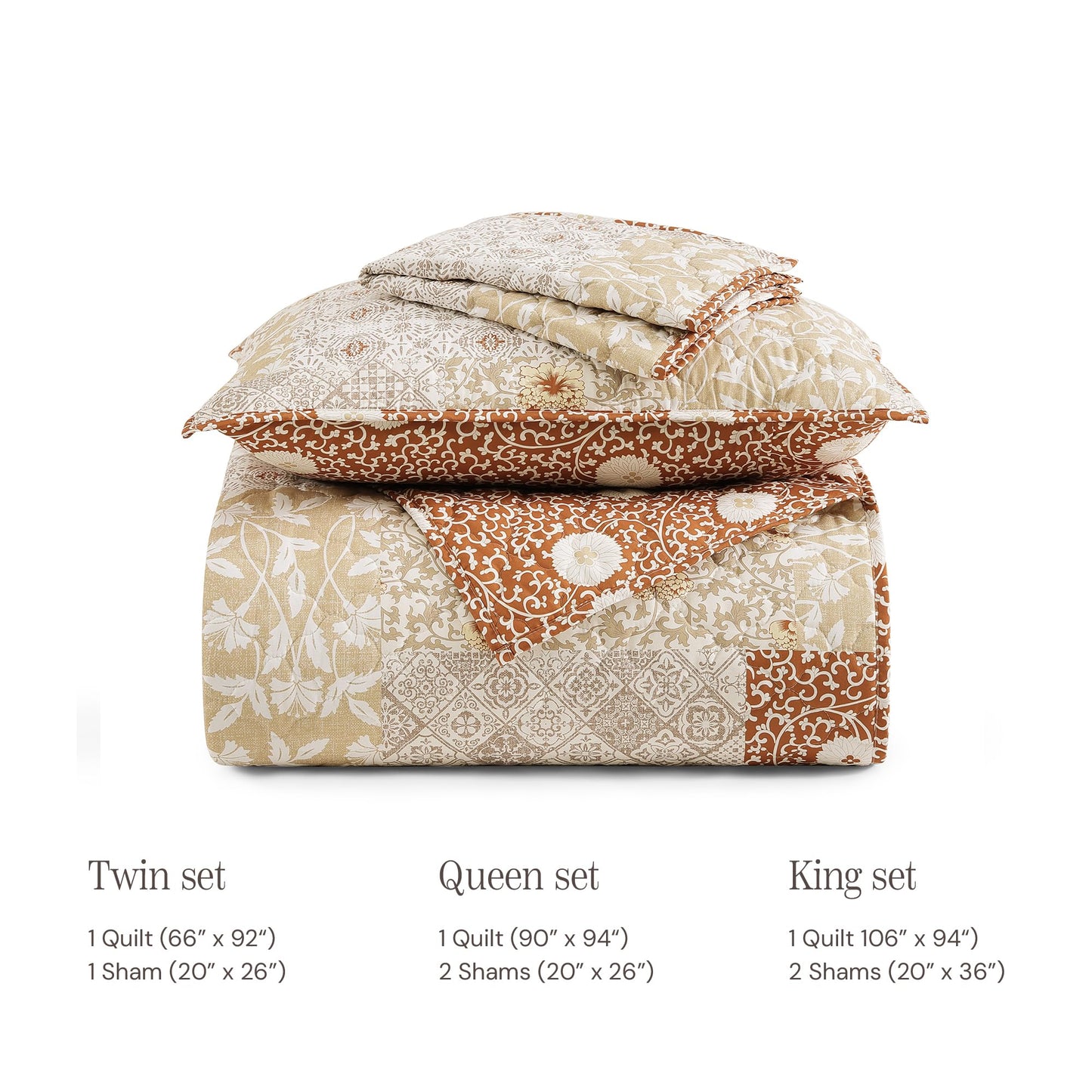 BLOOMHAVEN Quilt Set Queen Size, Patchwork Terracotta Floral Quilt Sets, Reversible Bedspread Lightweight and Breathable for All Seasons, Soft Quilted Bedspread with 2 Pillow Shams