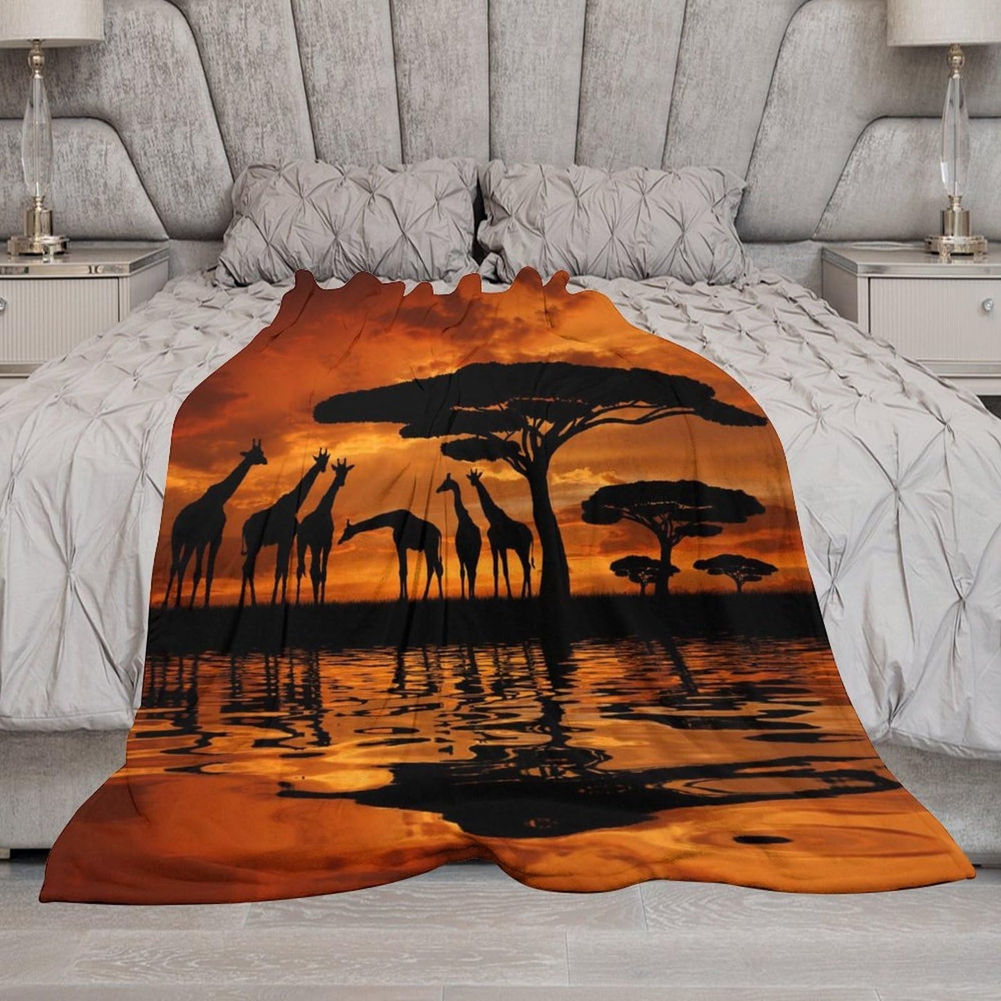 ZhiRain Africa Throw Blanket Savannah Animal Giraffe Crew Majestic Tree Kenya Sunrise Blanket for Sofa Bed Couch Chair Or Dorm 50"x60"