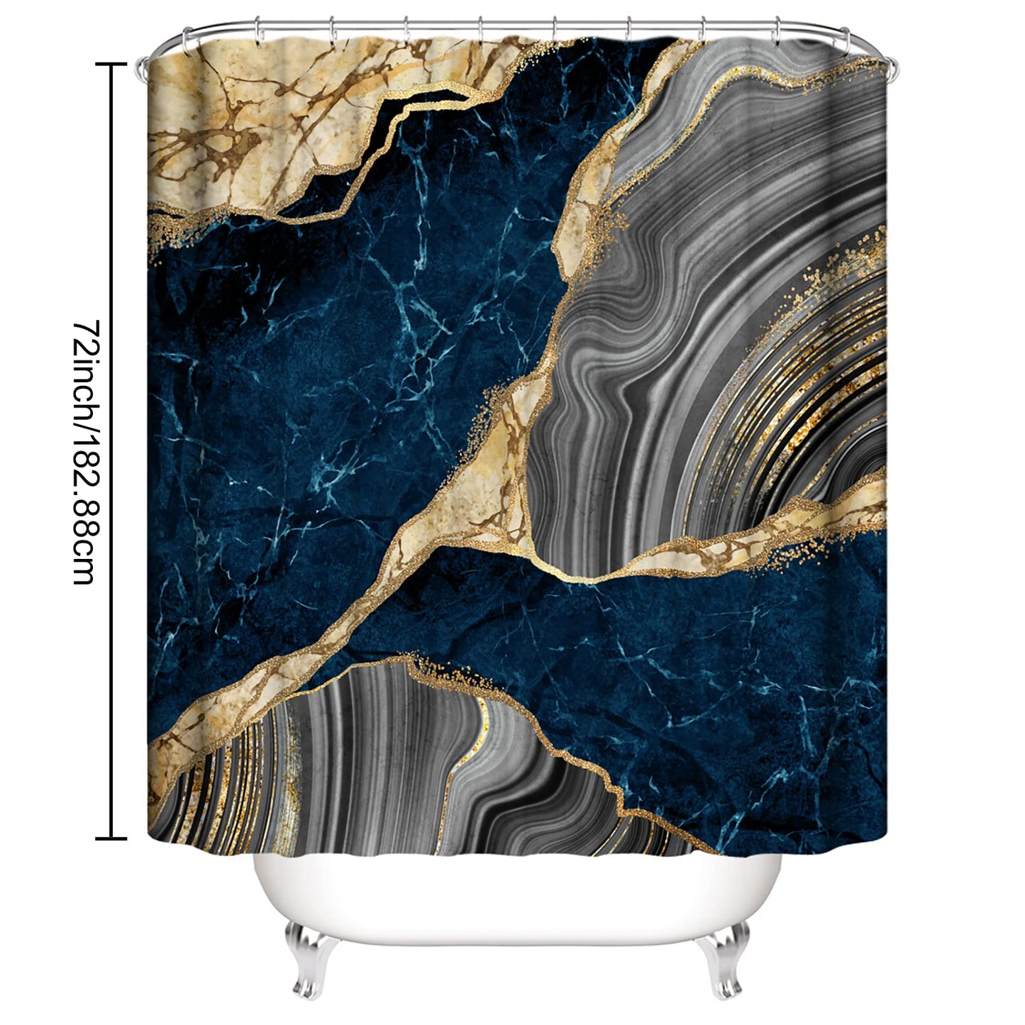 4Pcs Marble Shower Curtain Sets, Bathroom Decor Sets, Luxury Shower Curtain with 12 Hooks, Bath Mat, Toilet Lid Rug and Non-Slip U Shape Mat Accessories Marble Print, 72 x 72 Inch, Navy Blue