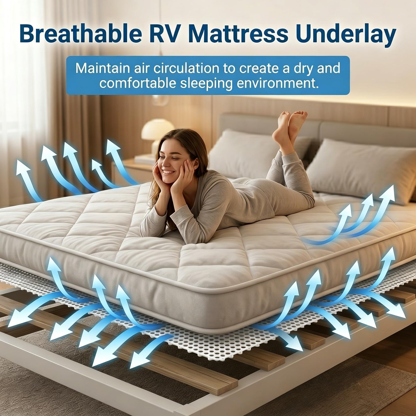 83" L x 59" Inch Plastic Ventilated Mattress Underlay Pad for RV Boat Camper Interlocking Modular Design, Breathable Mesh RV Under Mattress Ventilation Air-Flow (White)