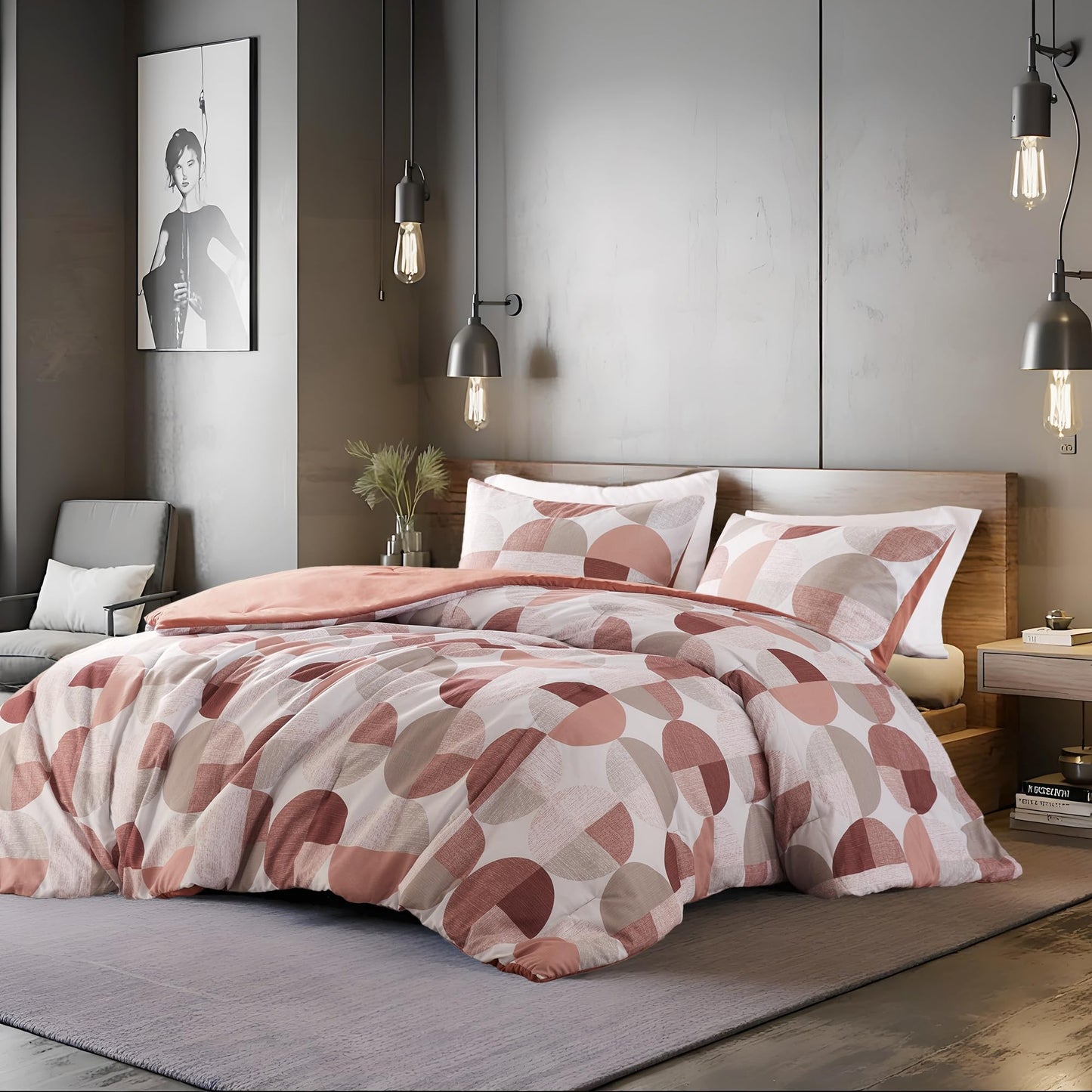 Regency Heights Stylish Three-Tone Printed King Size Comforter Set, 3 Pieces Ultra-Soft Microfiber Bedding Set, Warm and Cozy Comforter for All Seasons, Terracotta Blush