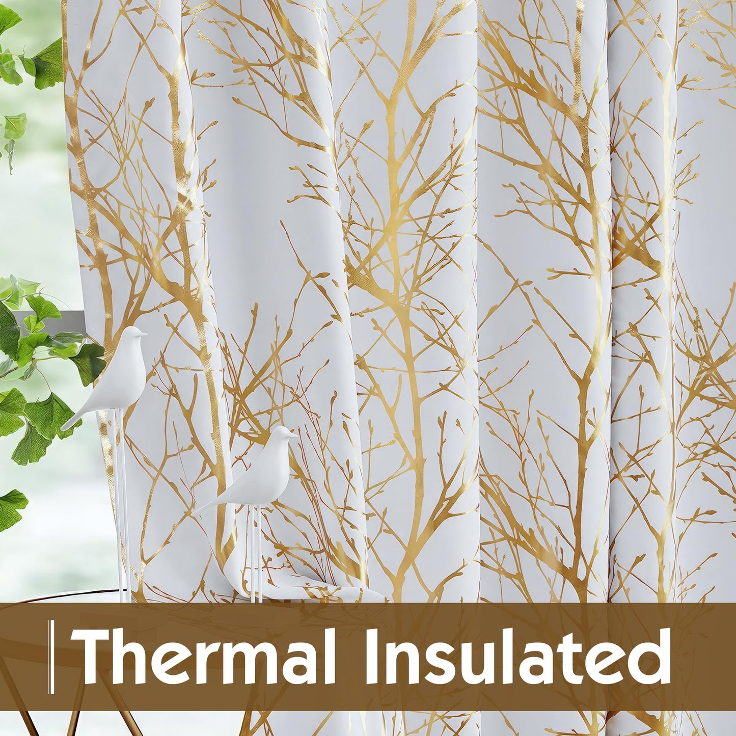 FMFUNCTEX 100% Blackout Curtains White Gold Tree for Living Room, Curtains 84 Inches Long Foil Branch Patterned Panels for Bedroom, Thermal Insulated Drapes for Home Office Grommet Top 2 Panels