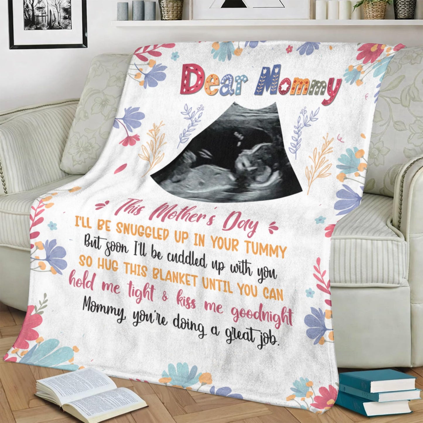 KiKiLuna Personalized Ultrasound Photo Dear Mommy Blanket, First for Expecting Mom, Flannel Throw Gift for Pregnant Women, Pregnancy Announcement Baby Bump Tummy Snuggle Quote