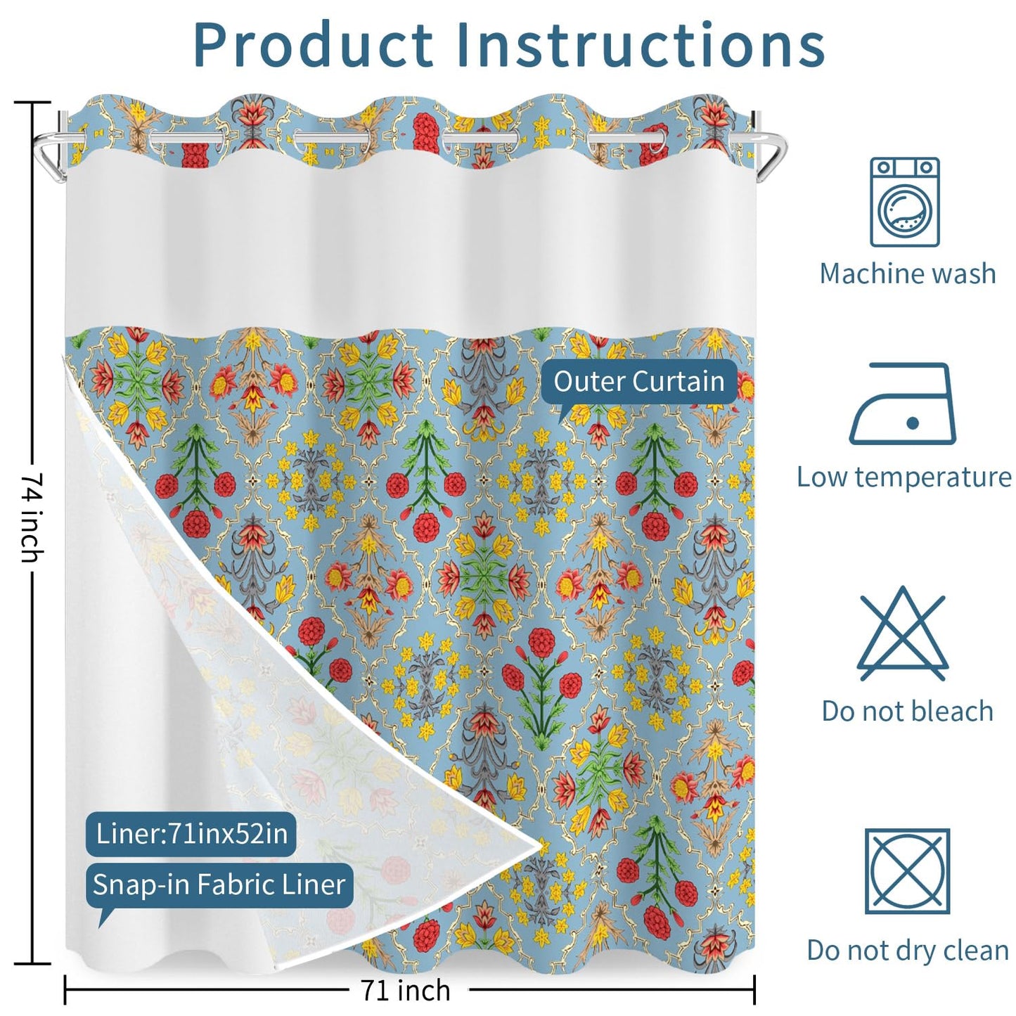 NAEMBCU Blue Floral No Hook Shower Curtain with Snap in Liner Set 71x74 in