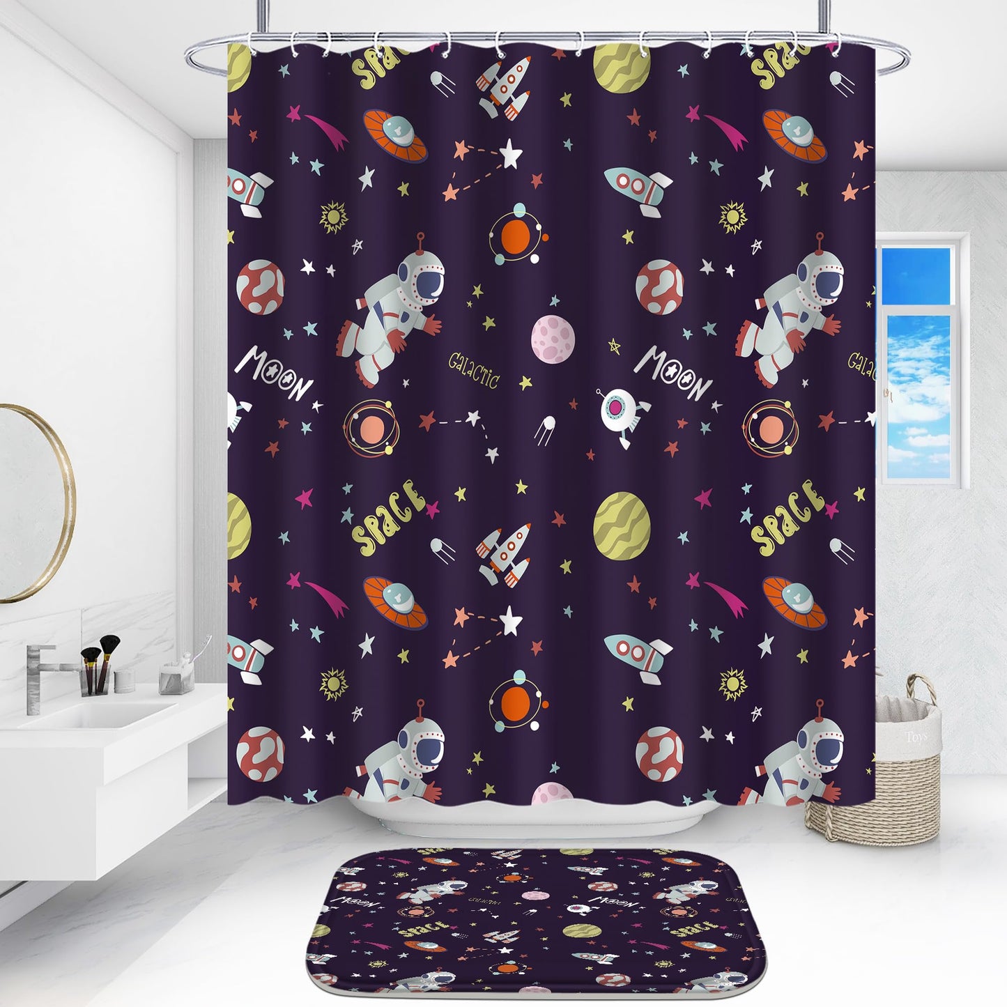 Poedist 4 Pcs Bathroom Shower Curtain Set, Bathroom Set, Space Shower Curtain Sets with Rugs(Bath Mat,U Shape and Toilet Lid Cover Mat) and 12 Hooks