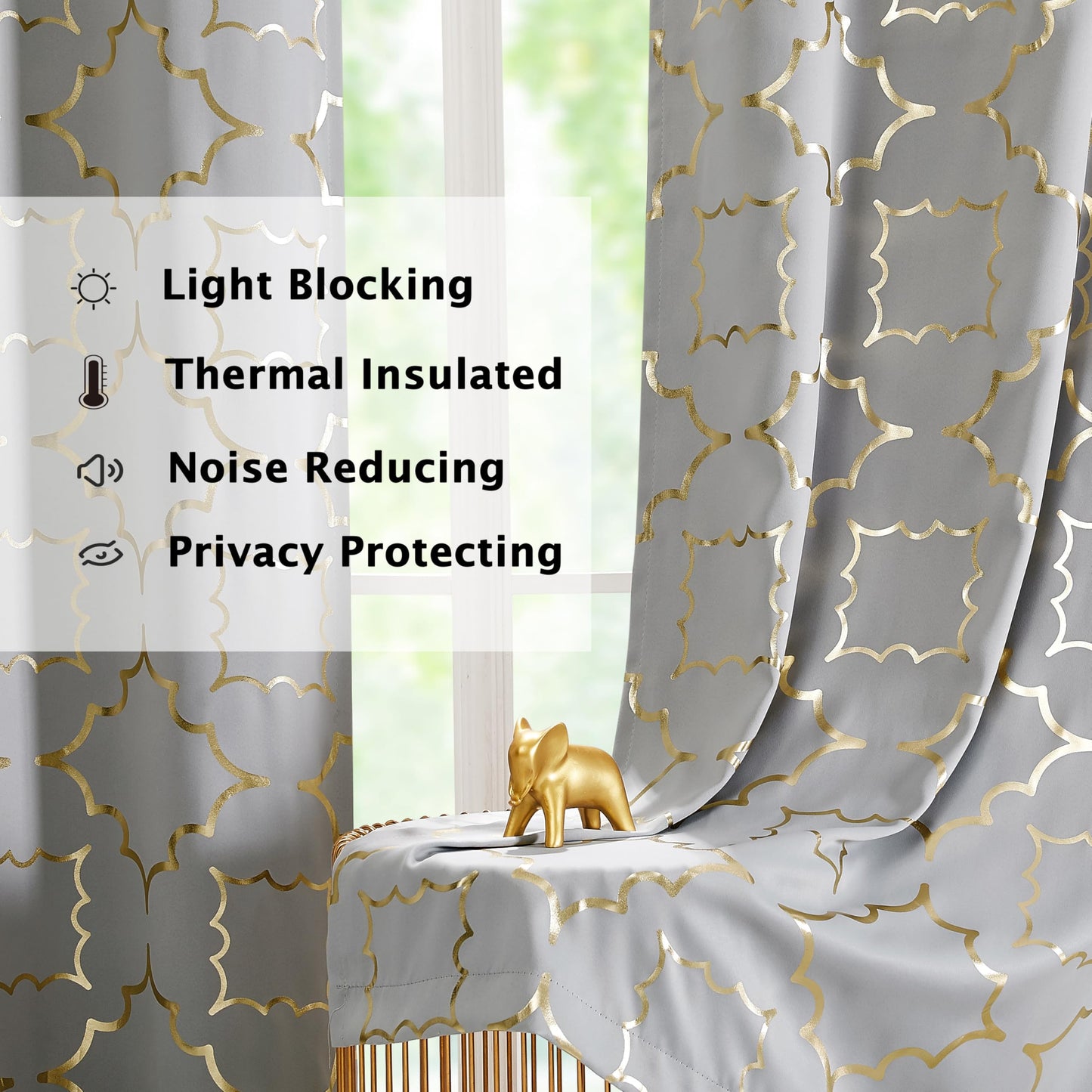 Purainbow Grey Blackout Curtains for Bedroom 90 Inch Long with Gold Foil Moroccan Panels Energy Efficient Drapes for Living Room Decor, Thermal Insulated Window Treatments Grommet Top, 2 Panels