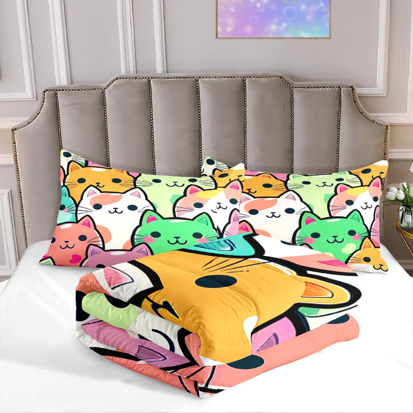 Jiospet Cat Bedding Set - Full Size Comforter, 2 Pillowcases for Girls, Soft Breathable Polyester, Machine Washable, Cat Themed Bedding for Kids Room Decor, Birthday & Holiday Gift