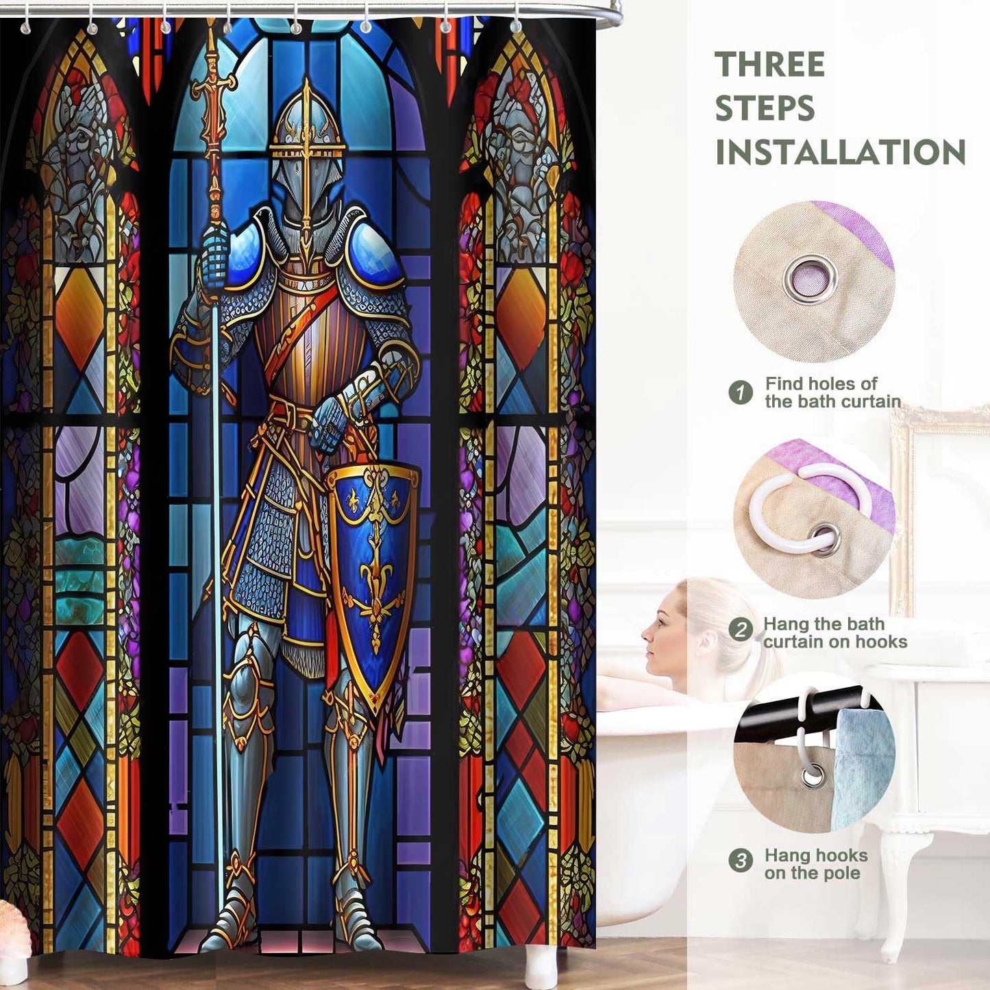 TPMDFC Medieval Shower Curtain, 72x72 inch Polyester, Medieval Knight Stained Glass Bathroom Shower Curtains Decor Set with 12 Hooks YLOKTP0834