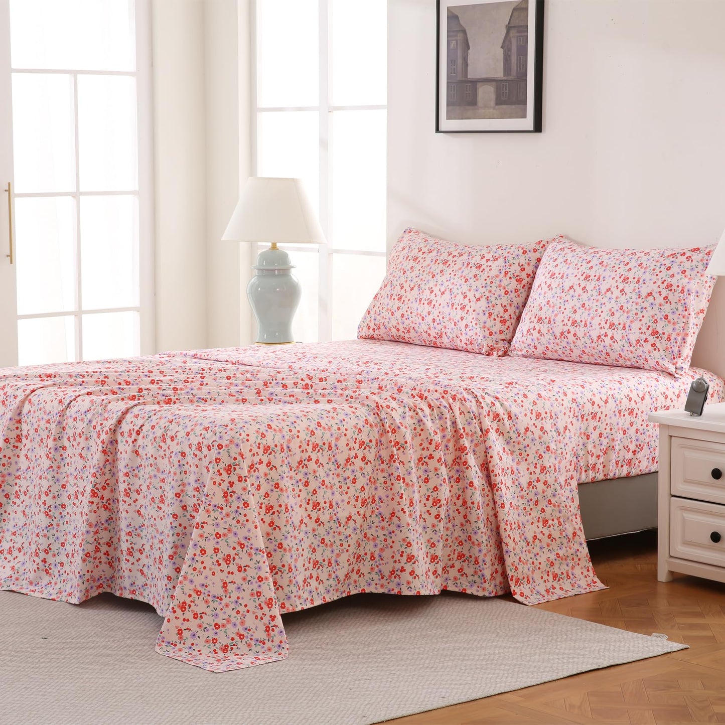 Yibeizi Pink Floral Sheets King Purple Flower Pattern Bed Sheet Set Coquette Vintage Bedding Sheets & Pillowcases Soft Microfiber 15" Extra Deep Pocket Fitted Bedsheet 4 Piece