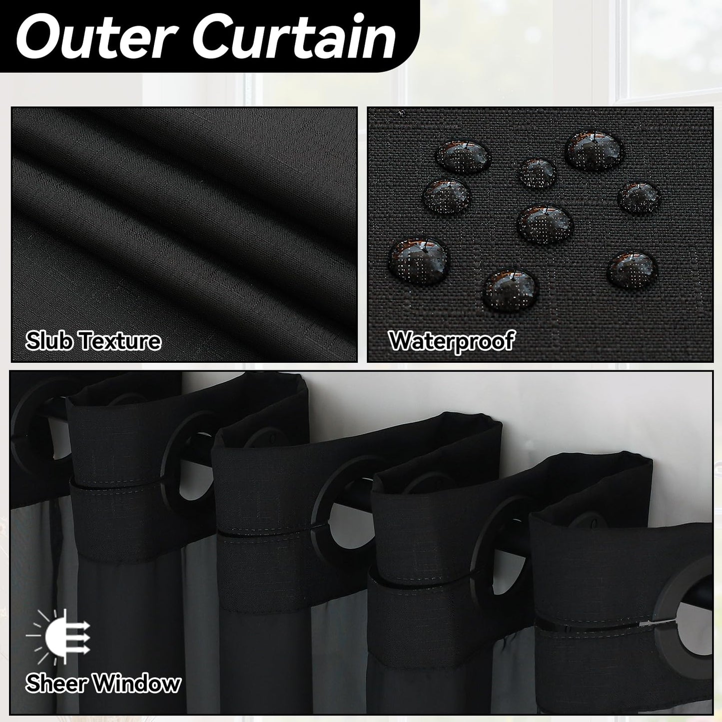 Blotixn No Hook Slub Textured Shower Curtain with Snap in Fabric Liner, Modern Hotel Style with See Through Top Window, Black Fabric Outer Curtain & Waterproof Inner Liner, 72 * 75 in