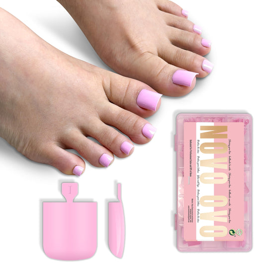 NOVO OVO Toe Nail Tips Medium Sharp Square, Pink 240Pcs Soft Gel Press on,Solid Pure Color Full Cover Fake Nails for Pedicure, PMMA Acrylic False Toe Nails Extension Kit 15 Sizes, Wide Fit