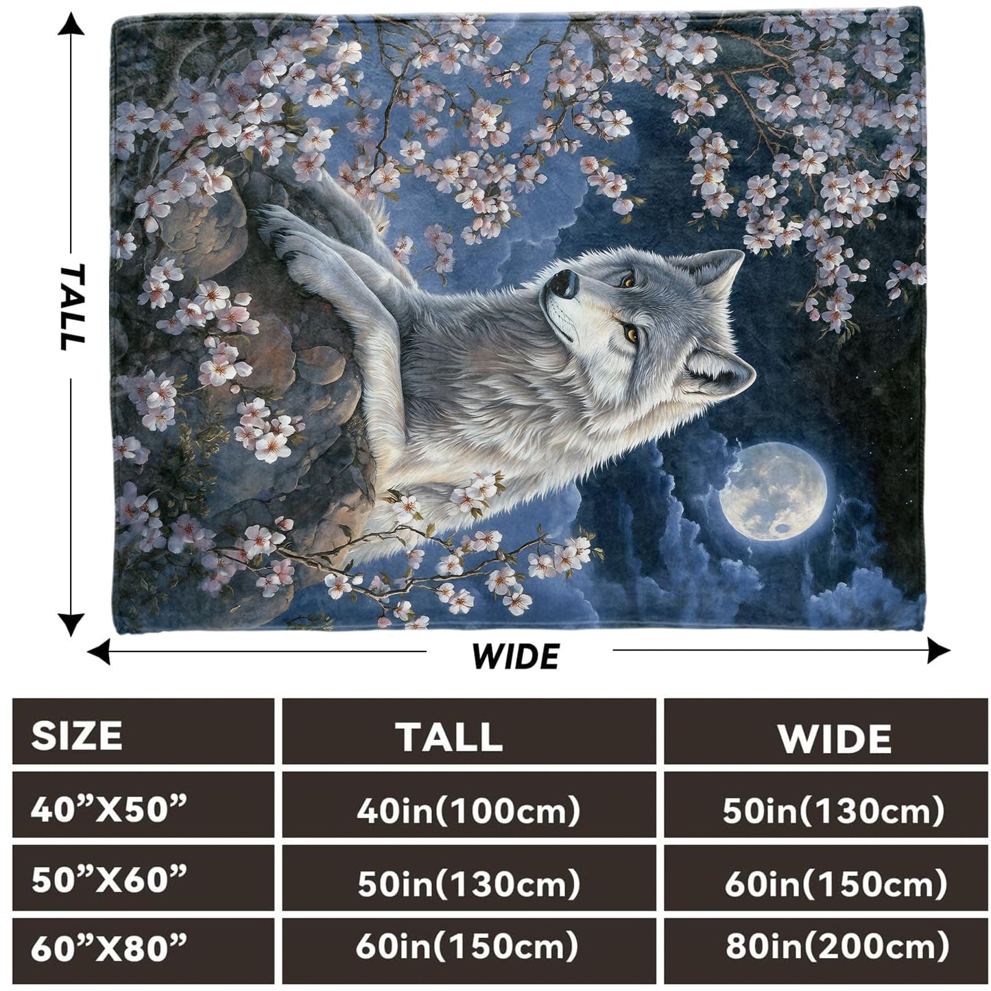 Lugiu Moonlit Wolf Blanket, Lightweight Comfy Serene Wolf Among Cherry Blossoms Blankets for Couch Sofa Bedroom, Soft Plush Travel Flannel Throw Blanket Gifts for Adults Kids Women, Home Decor 60×50in