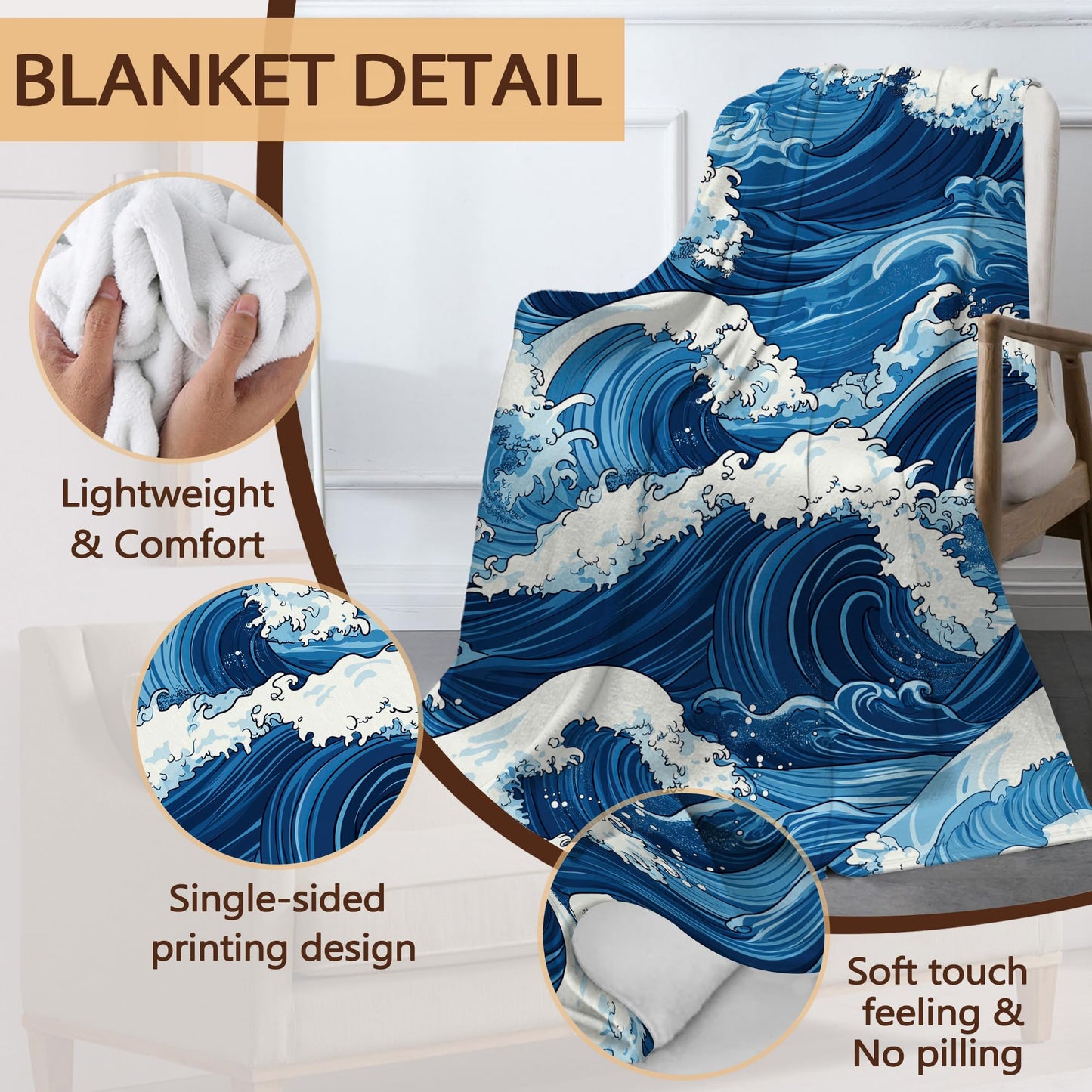 Blue Ocean Wave Sofa Throw Blankets,Vintage Japanese Soft Cozy Fuzzy Lightweight Travel Blanket,Flannel Fleece Fall Throw Blanket for Couch,Bed,Camping,Movie Nights,Watching TV 50 X 60 Inch